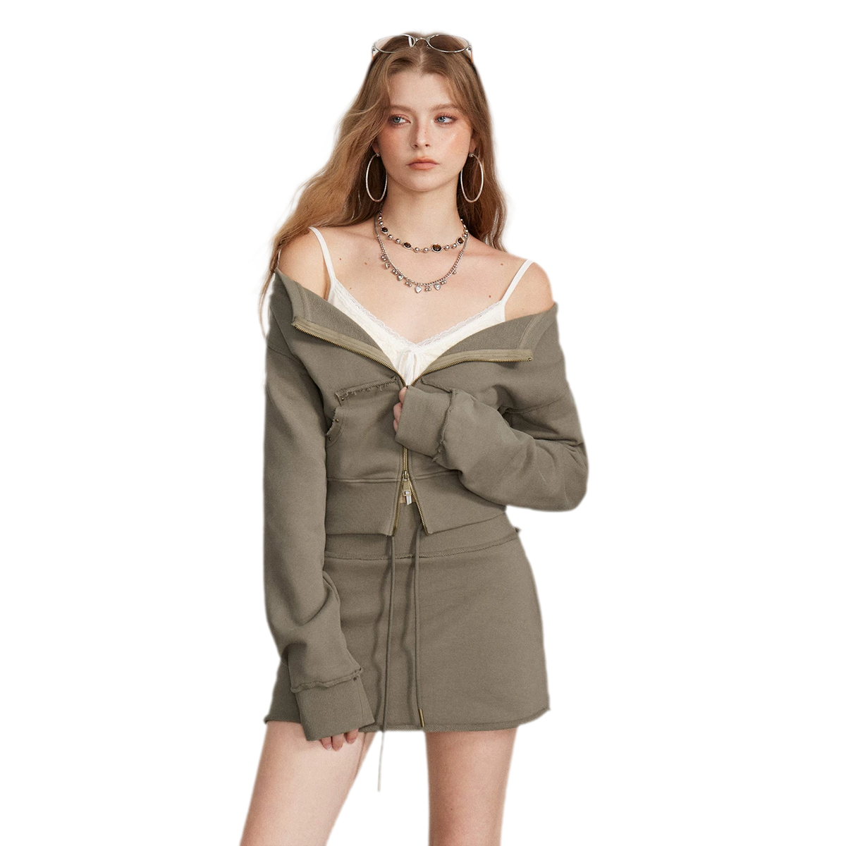 Raw Edge Zip Sweatshirt Set