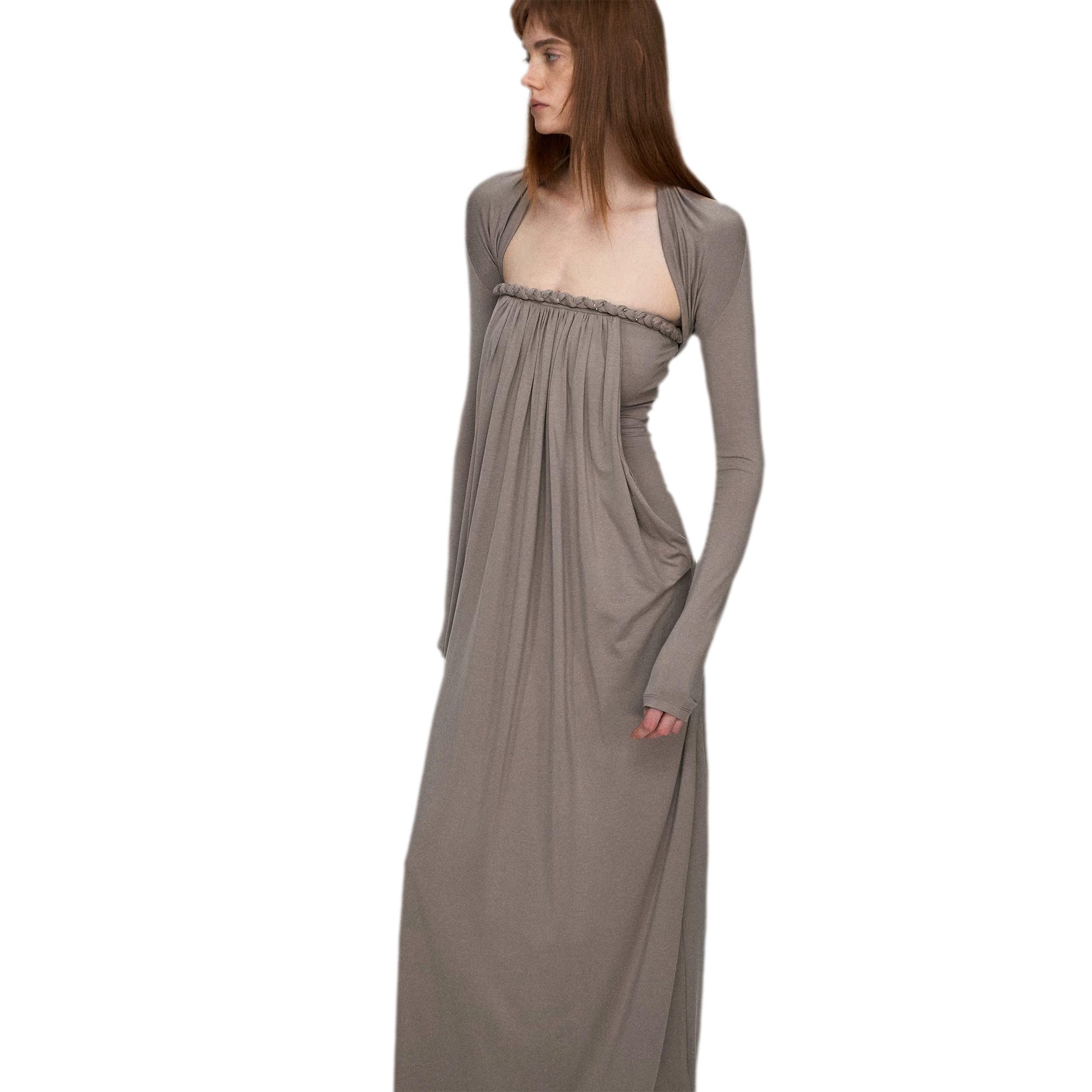 Sculptural 93% Lyocell Pleated Long Dress
