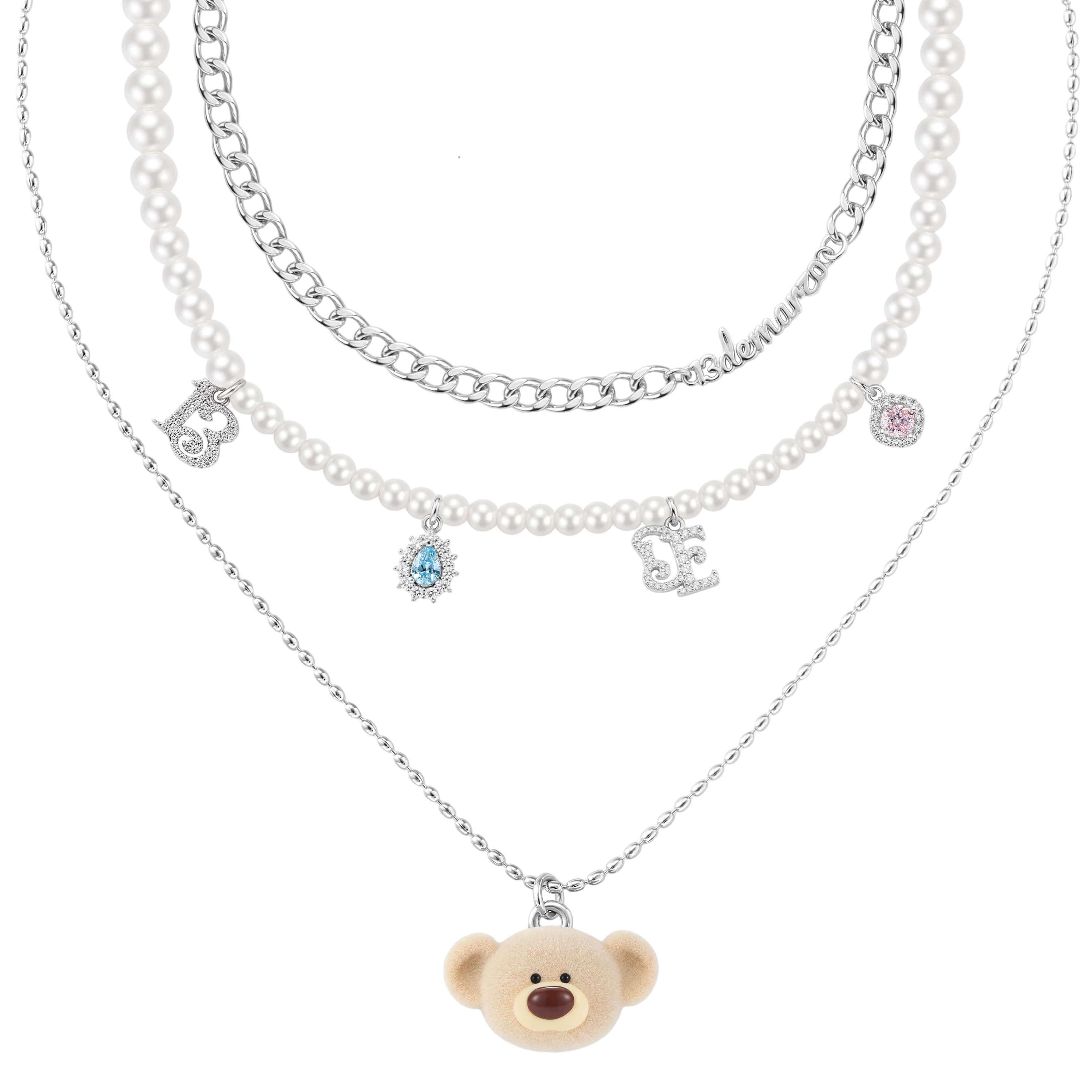 Layered Bear Pendant Necklace in Silver