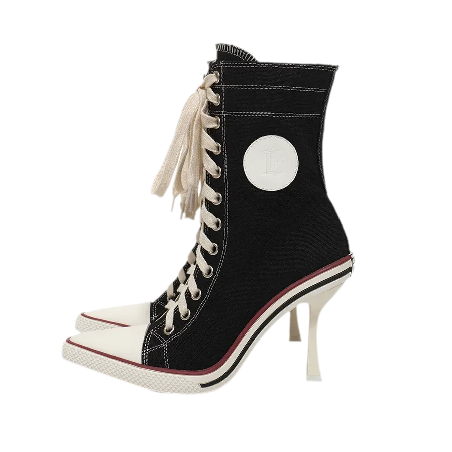 Canvas Lace-Up High-Heel Boots