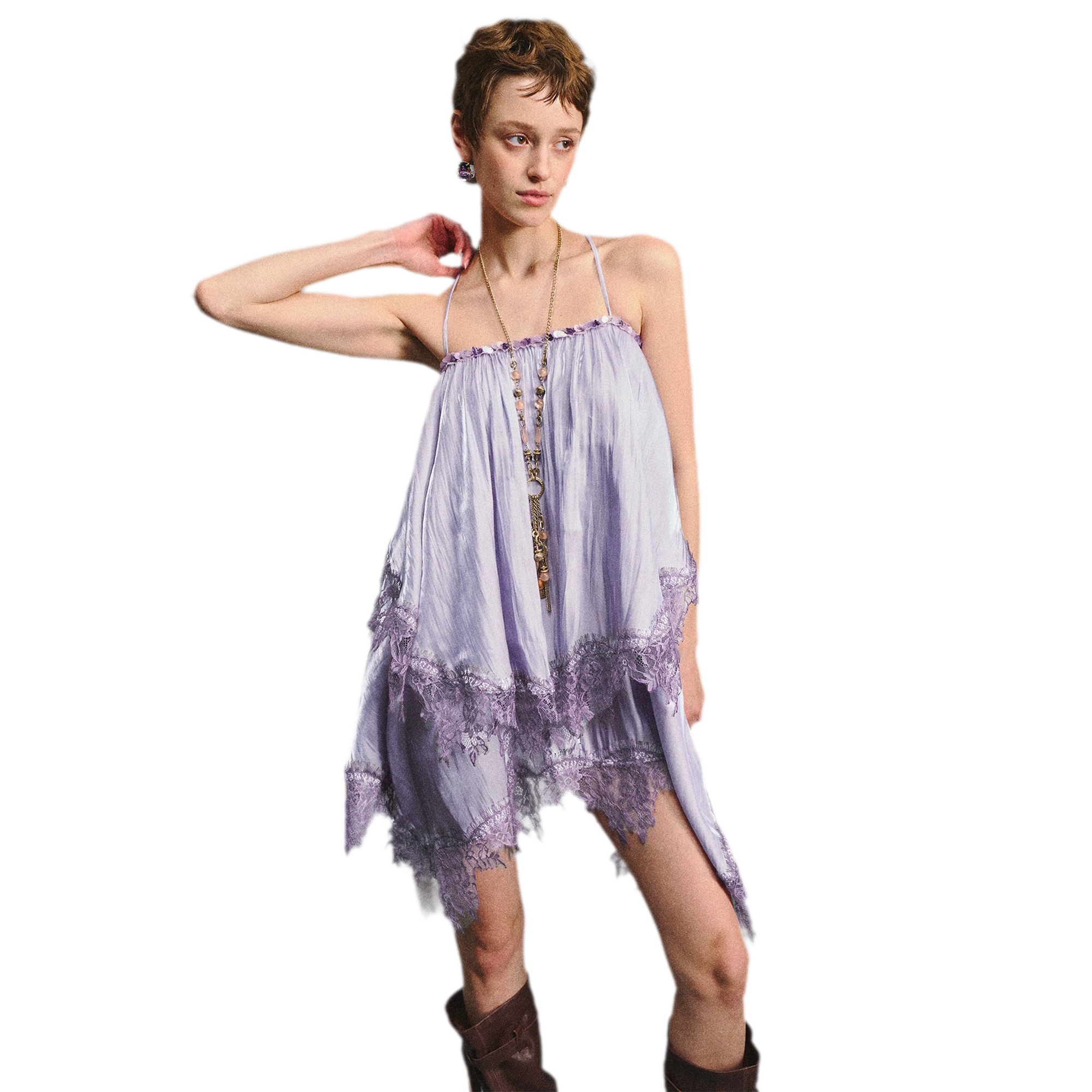 Lavender Galaxy Lace Satin Beaded Strap Dress
