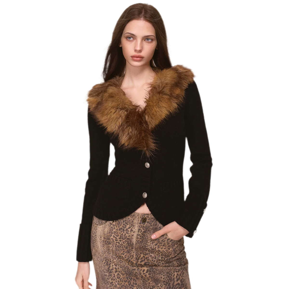 Veste en maille à col en fausse fourrure teintée