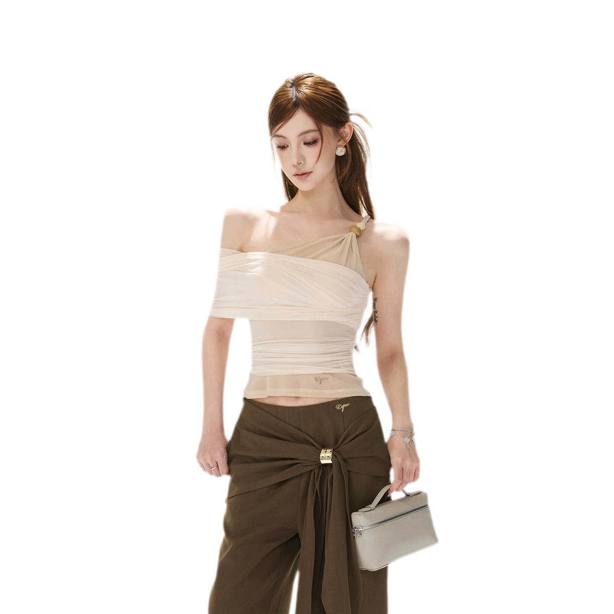 Beaded Ruched Mesh Top