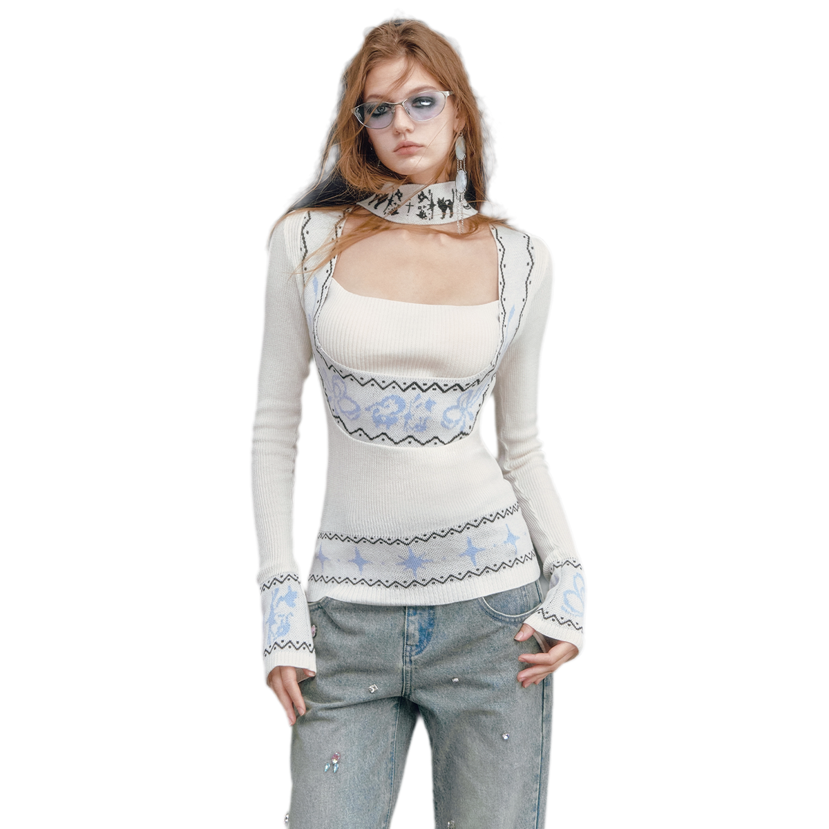 Fair Isle Square-Neck Knit Top