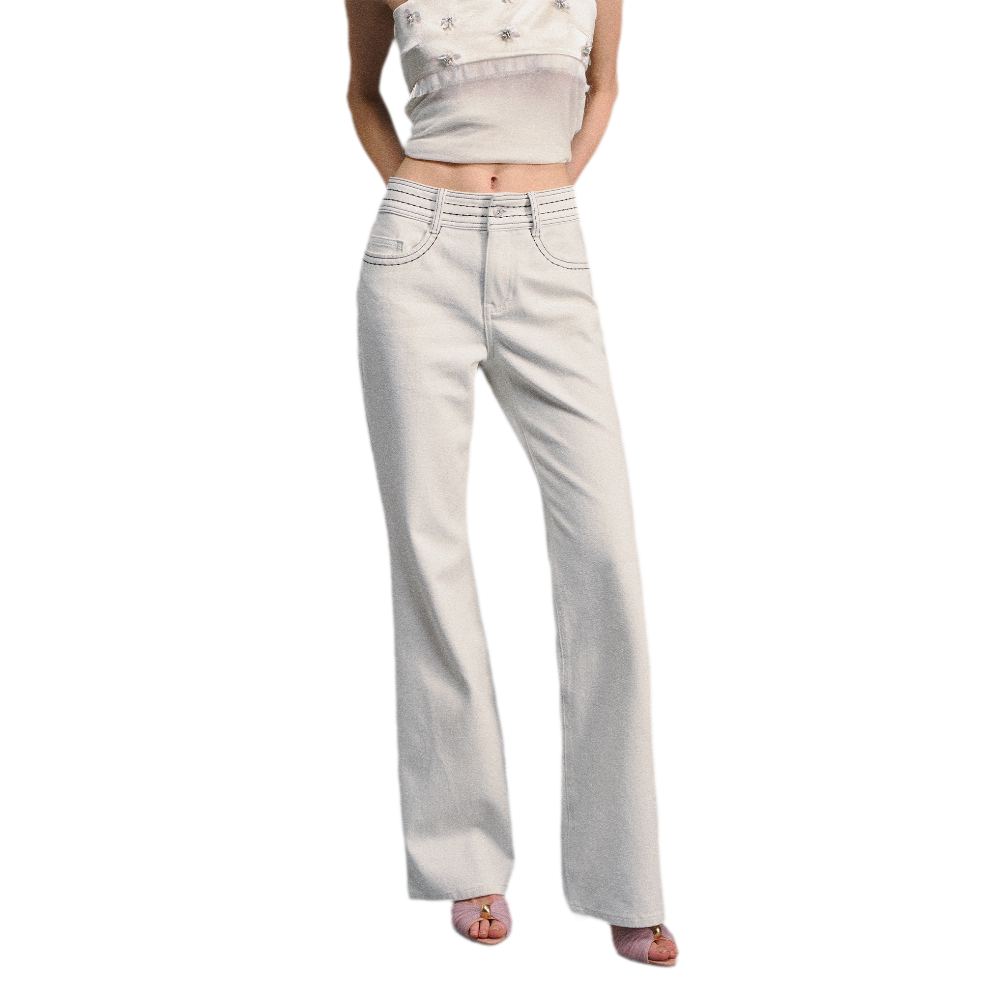Textured White Contrast Waist Low-Rise Flared Pants