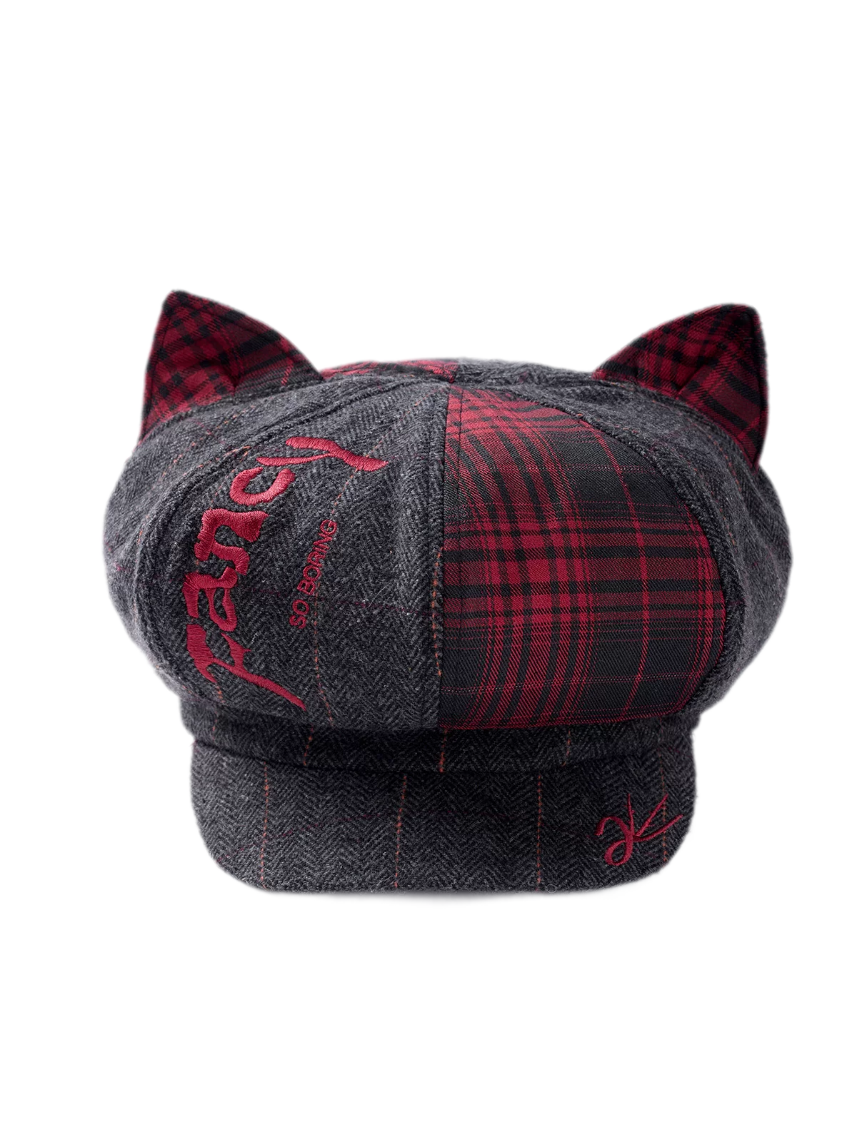 Embroidered Cat-Ear Plaid Newsboy Hat