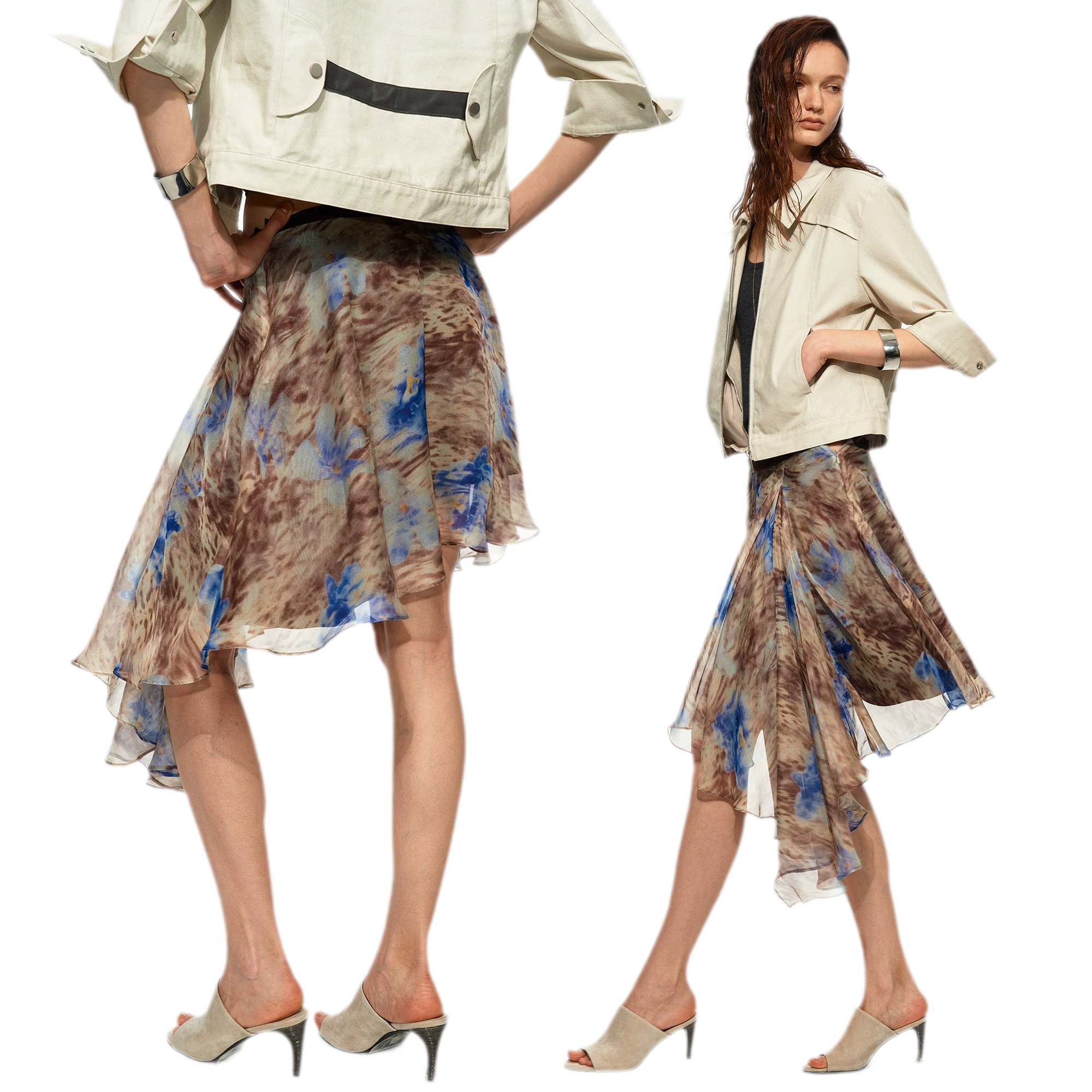 Printed Irregular Hem Chiffon Skirt
