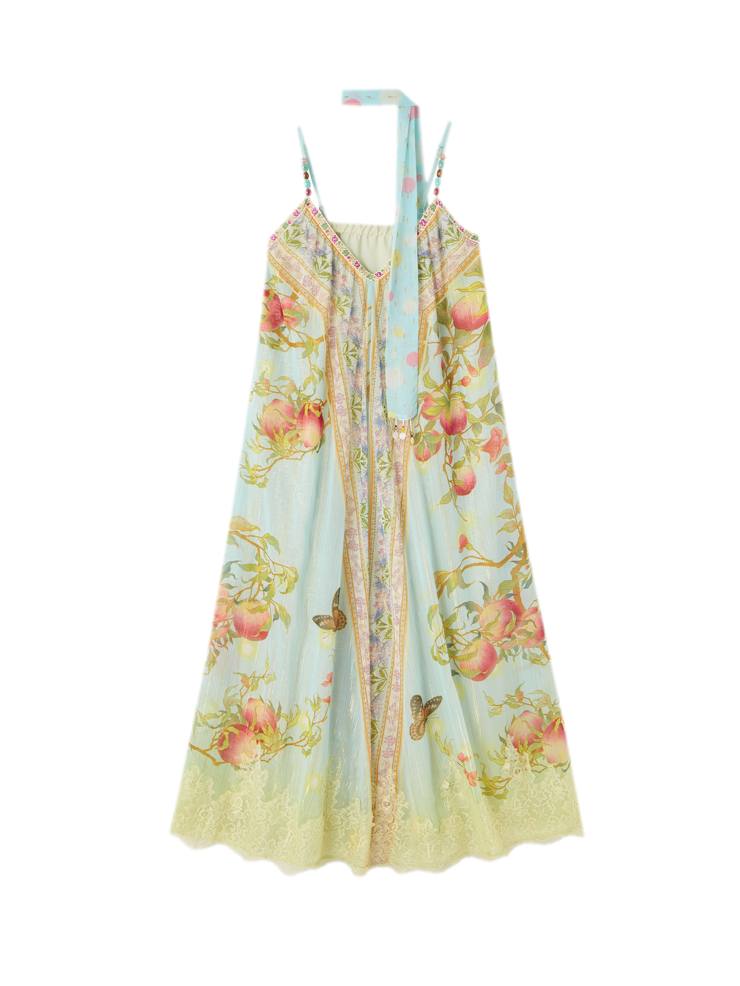 Peach Branch Print Metallic Chiffon Dress