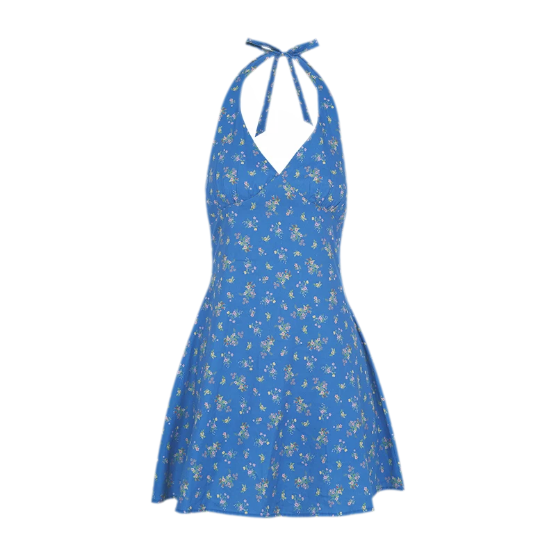 Romantic French Halter V-neck Floral Dress