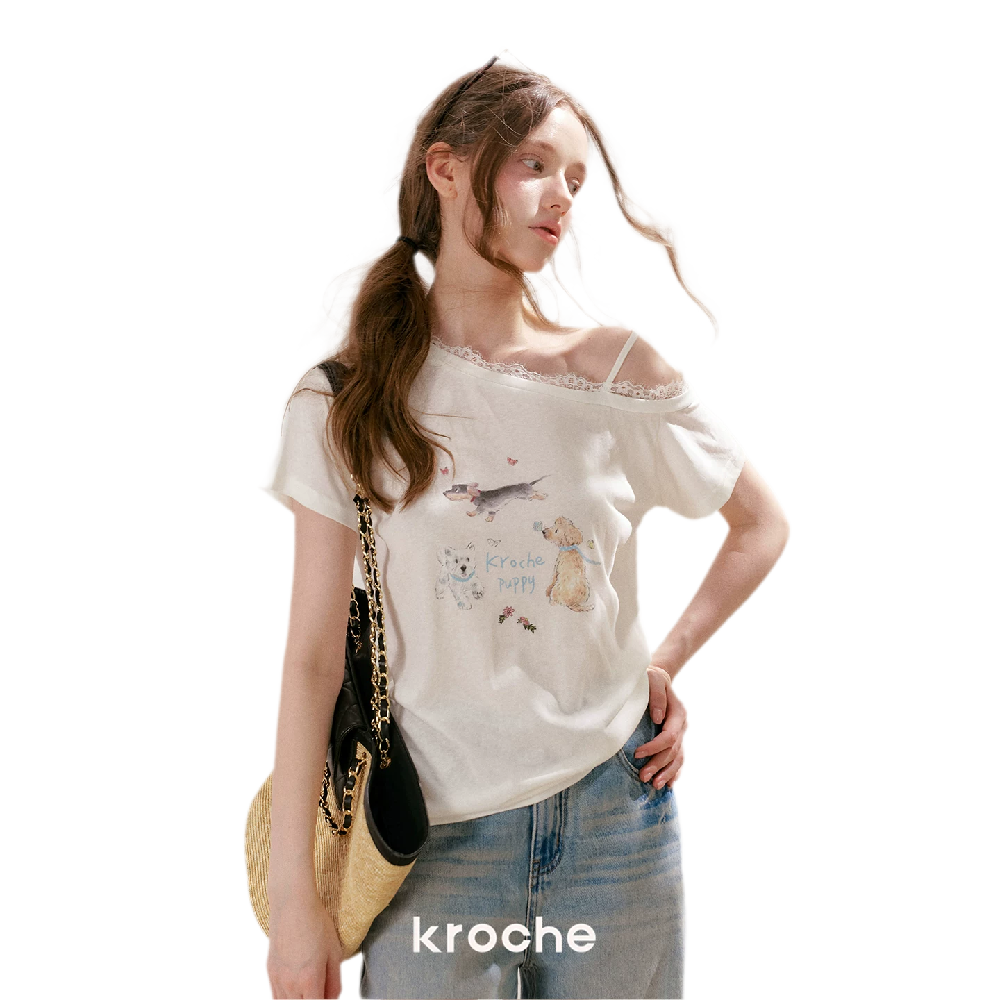 Tencel Cotton French Lace Puppy Print Asymmetric T-Shirt