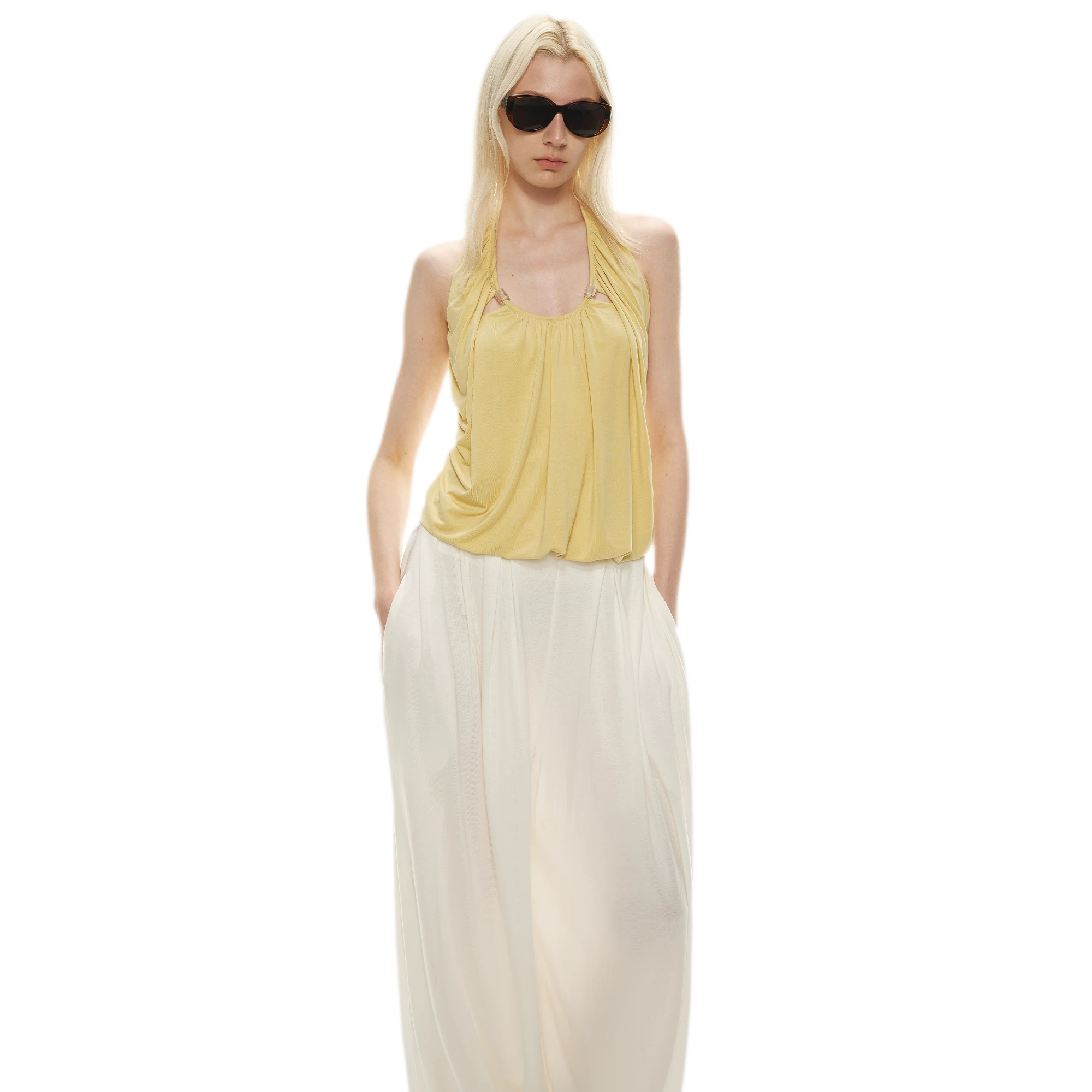 Modal Draped Halter Top with Pearl Neckline