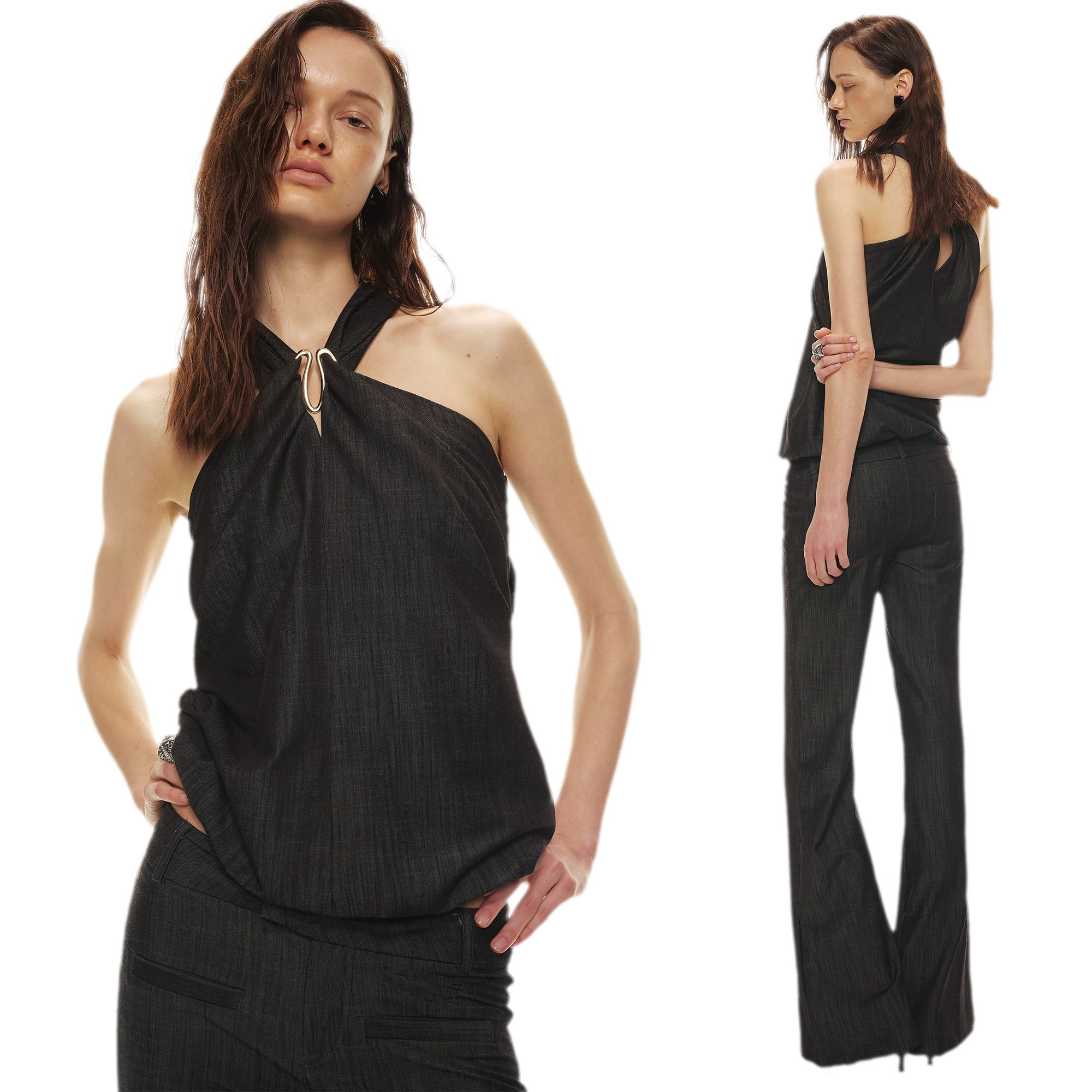 Tencel Hollow Halter Top & Flared Pants Set