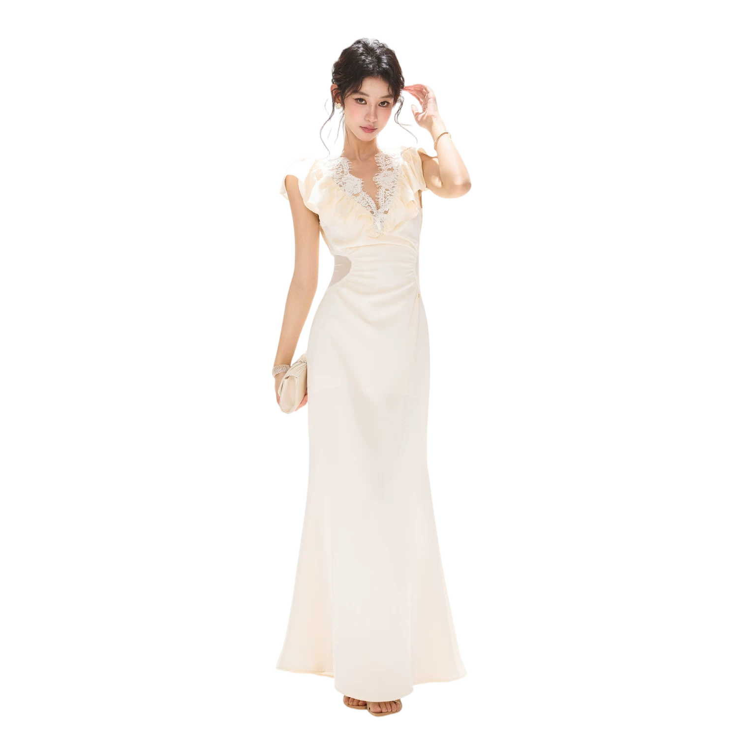 Lace V-Neck Ruffled Waist-Detail Midi Dress