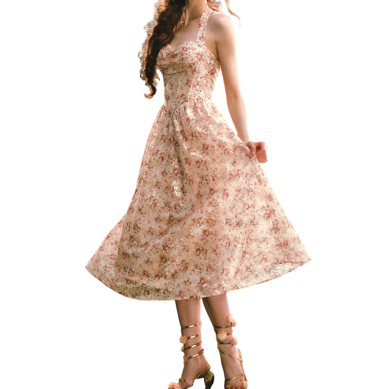 Forest Rose French Retro Floral Halter Long Dress