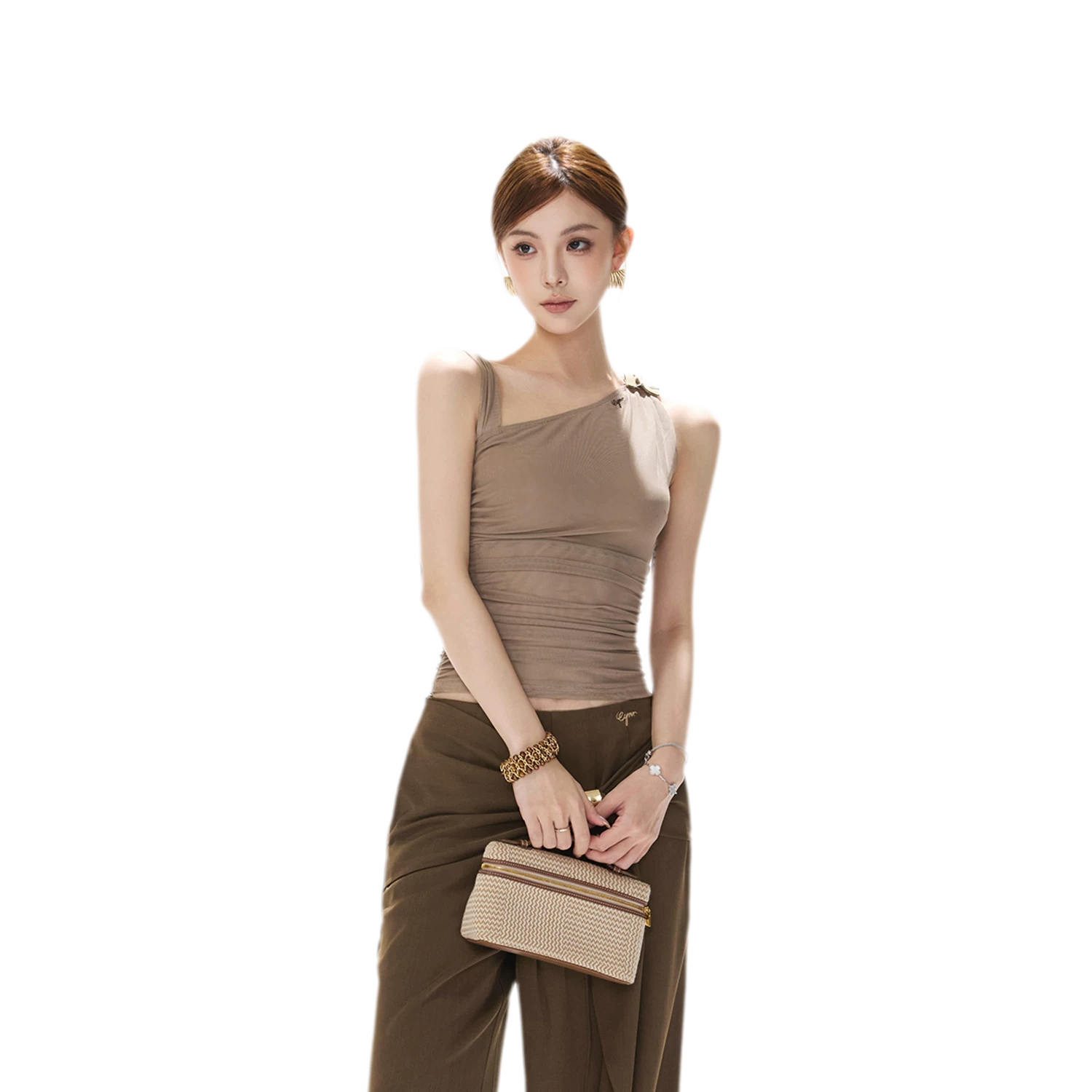 Asymmetric Ruched Mesh Top