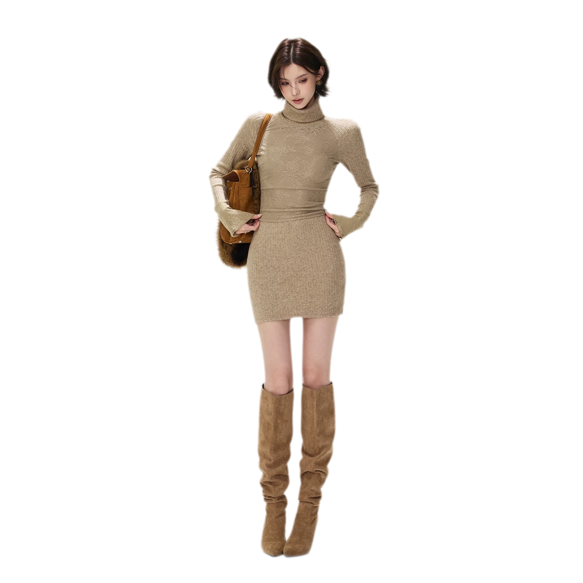 Lace Panel Ribbed Mini Dress
