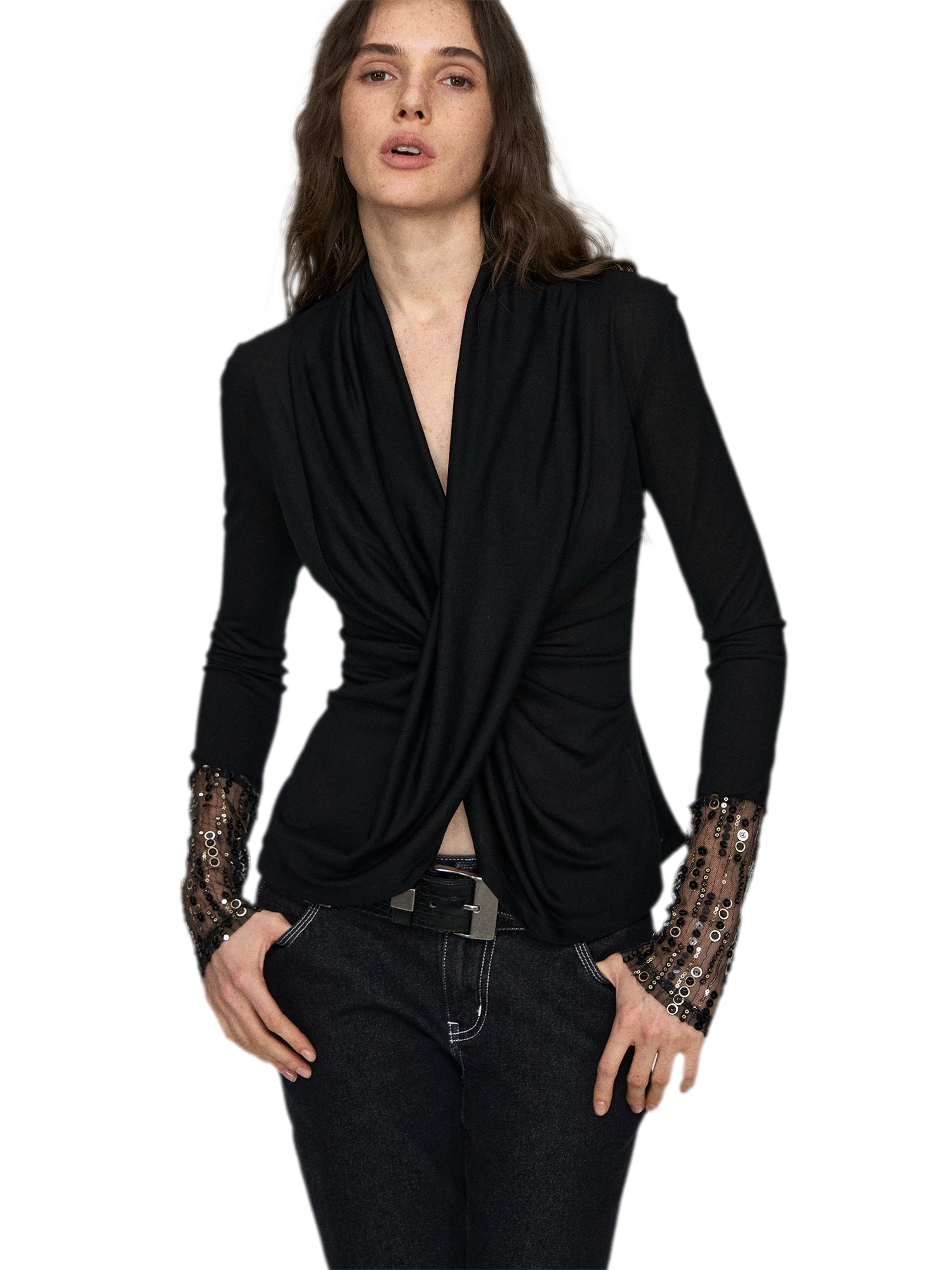 Embroidered Acetate Silk Cross-Knot Long Sleeve T-Shirt