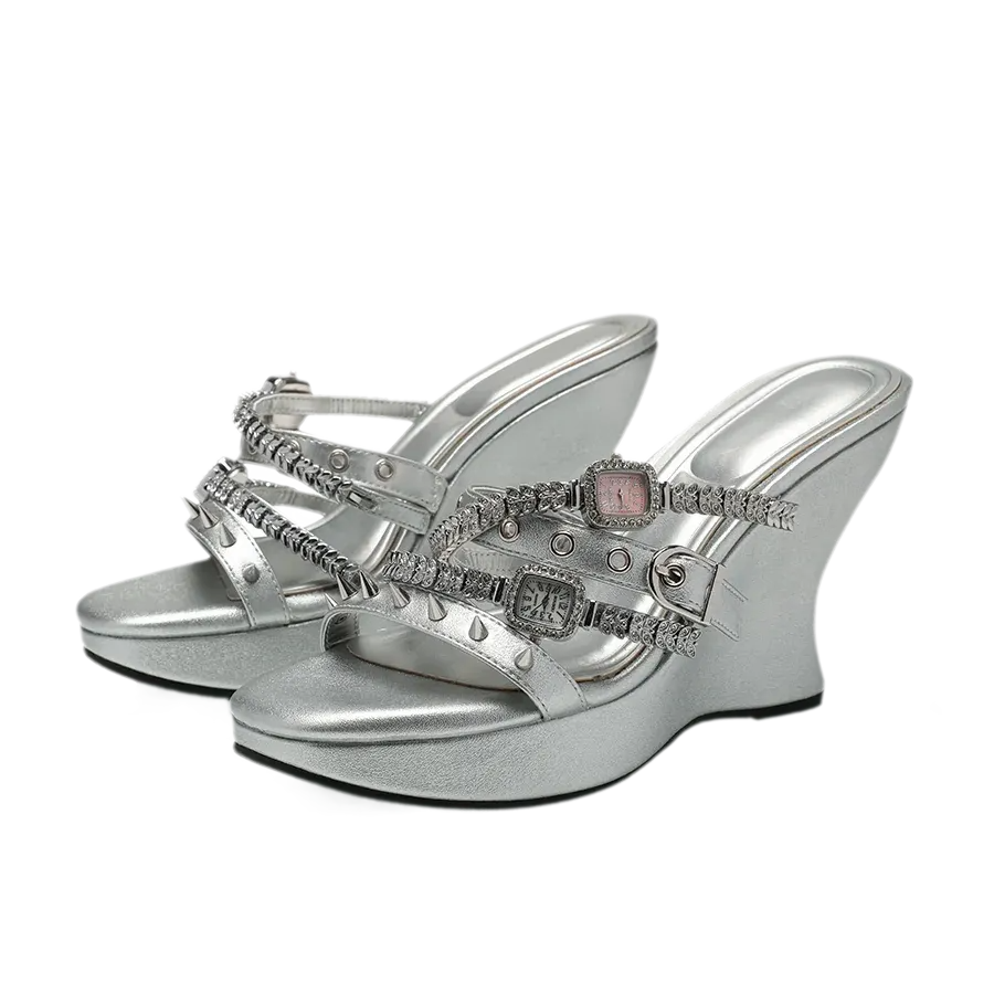 Rhinestone Strap Wedge Mules