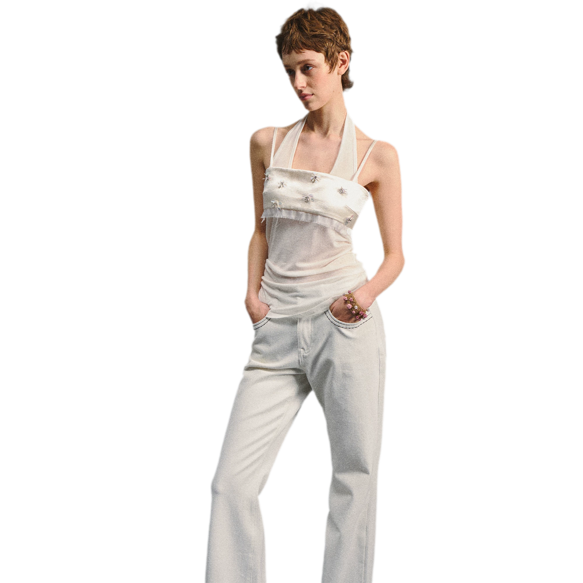 Lenzing Wool Satin Beaded Halter Top