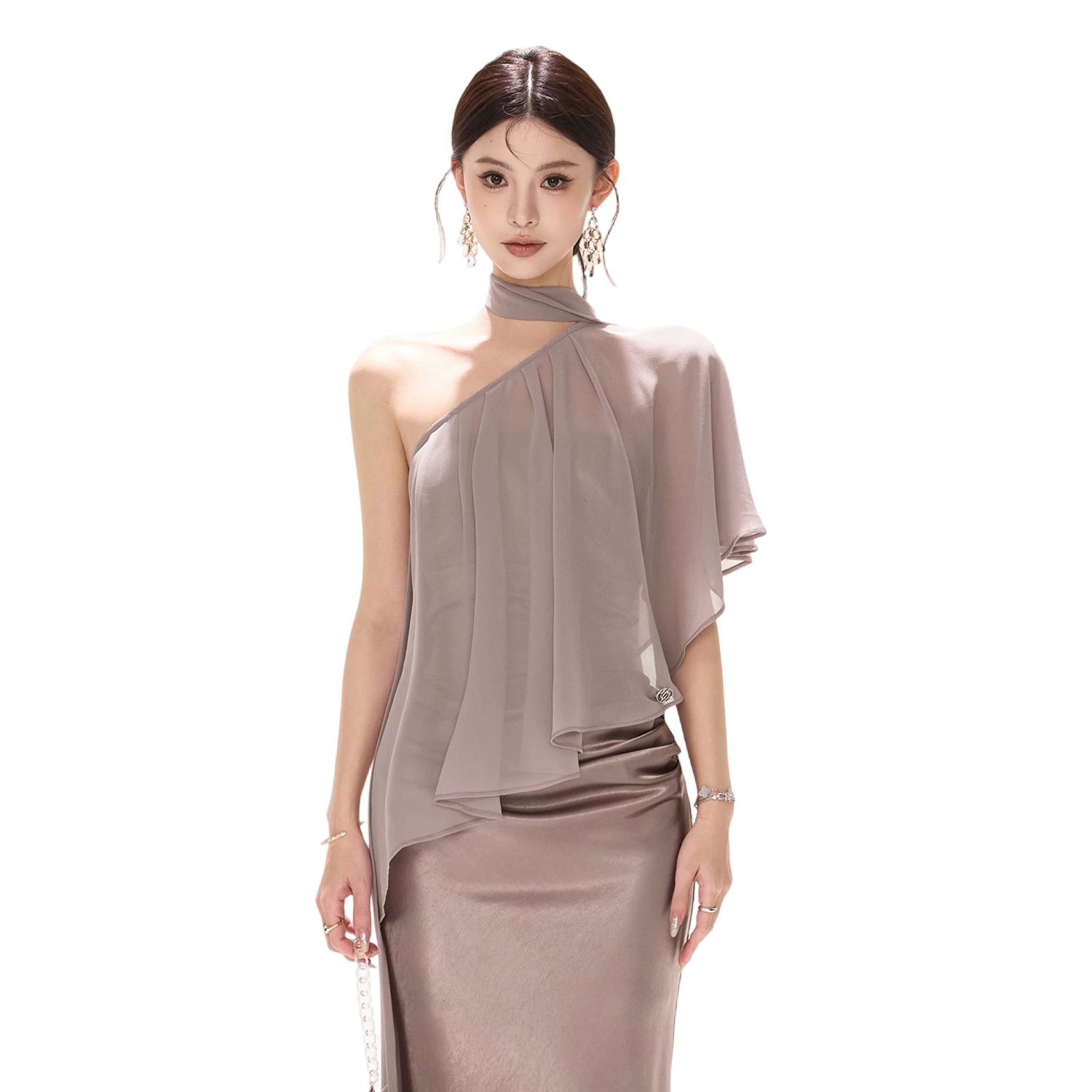 Elegant Asymmetric Chiffon Shawl Top with Built-in Bustier