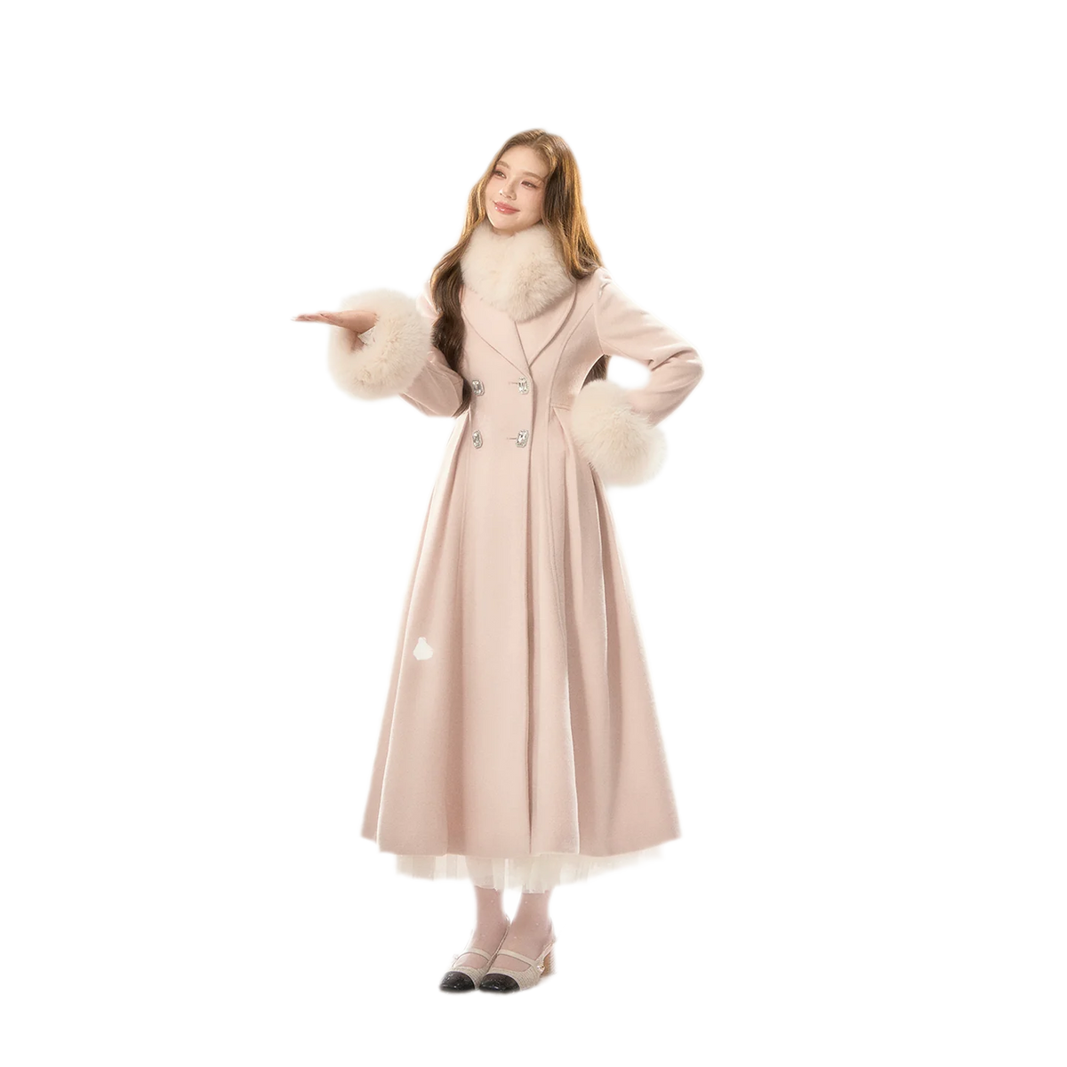 Double-Breasted Cinched Wool Blend Coat