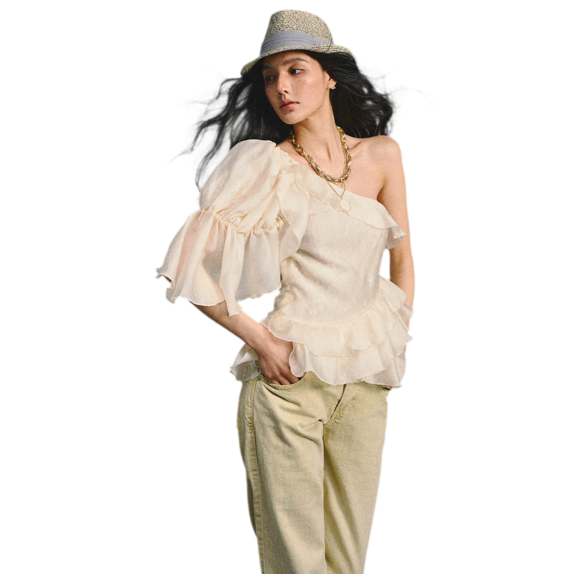 Vintage Romantic Lace Ruffled Asymmetric Top