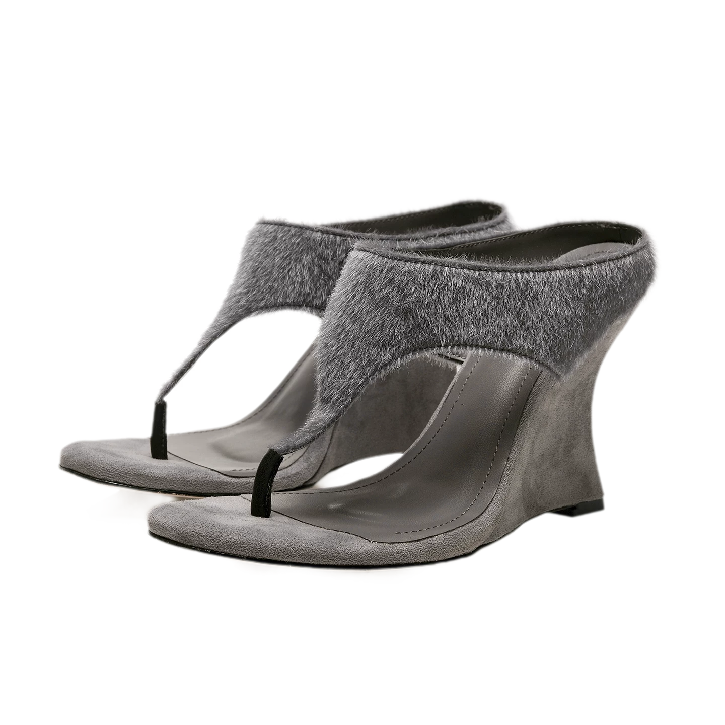 Faux Horsehair Wedge Thong Sandals