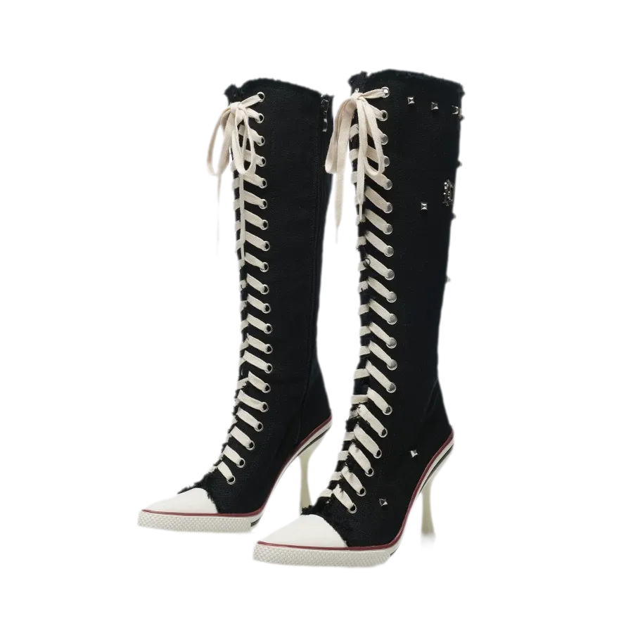 Studded Canvas Knee-High Boots