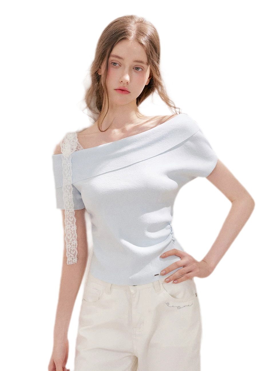 Lace Trim Ruched Knit Top