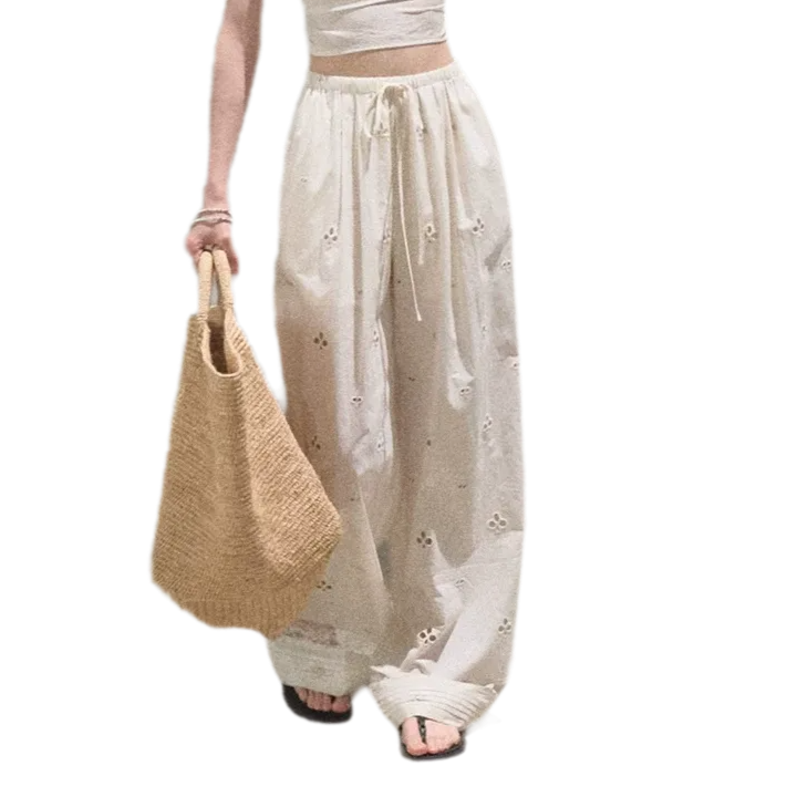Cotton Eyelet Wide-Leg Pants
