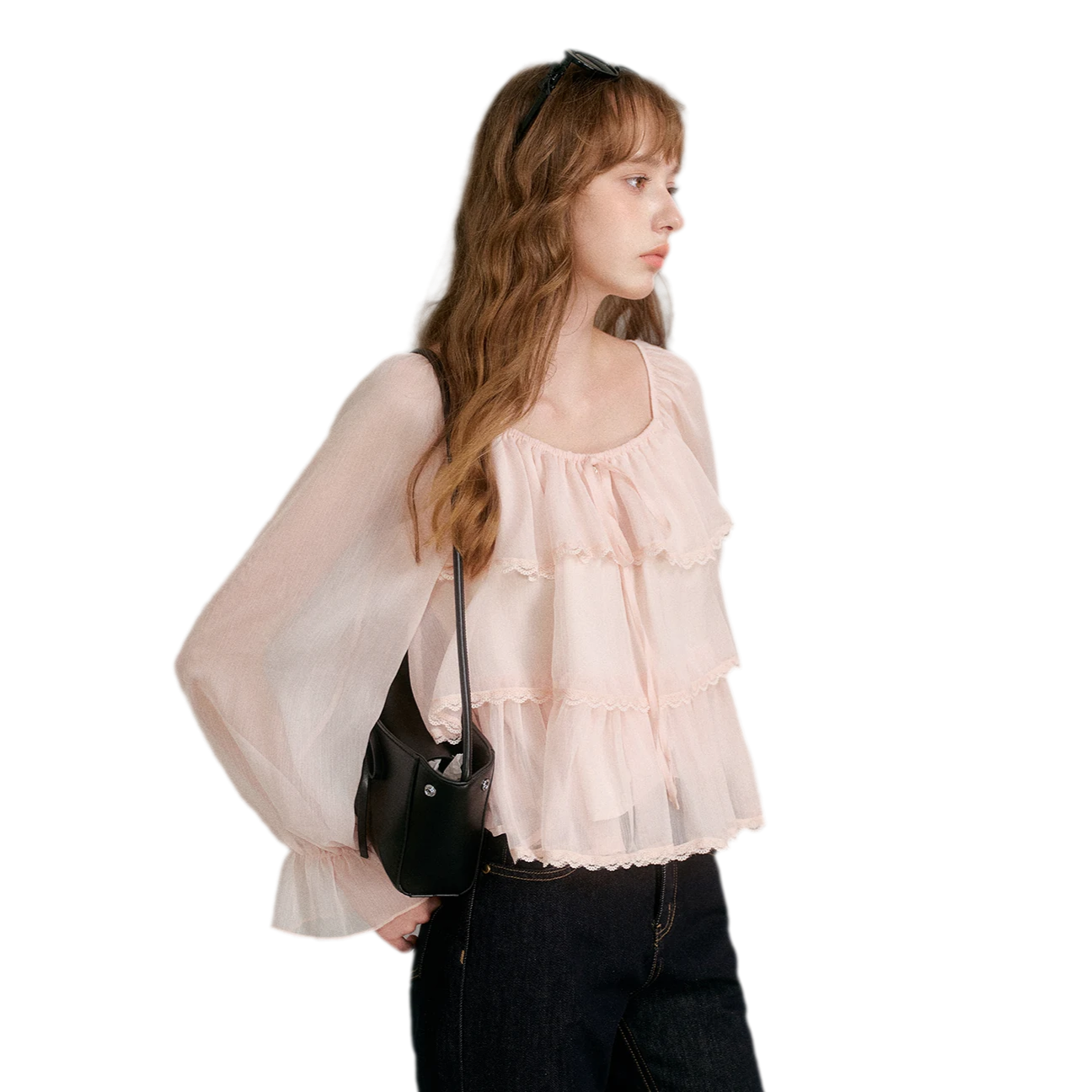 Chiffon Ruffle Lantern Sleeve Blouse