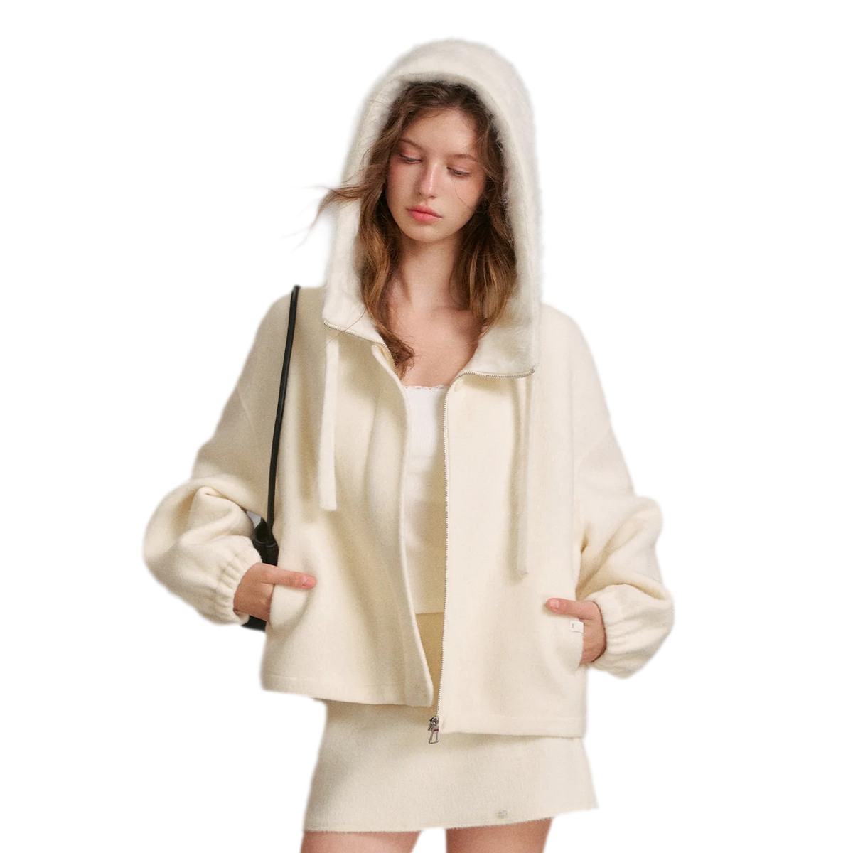 Manteau à capuche en laine double face