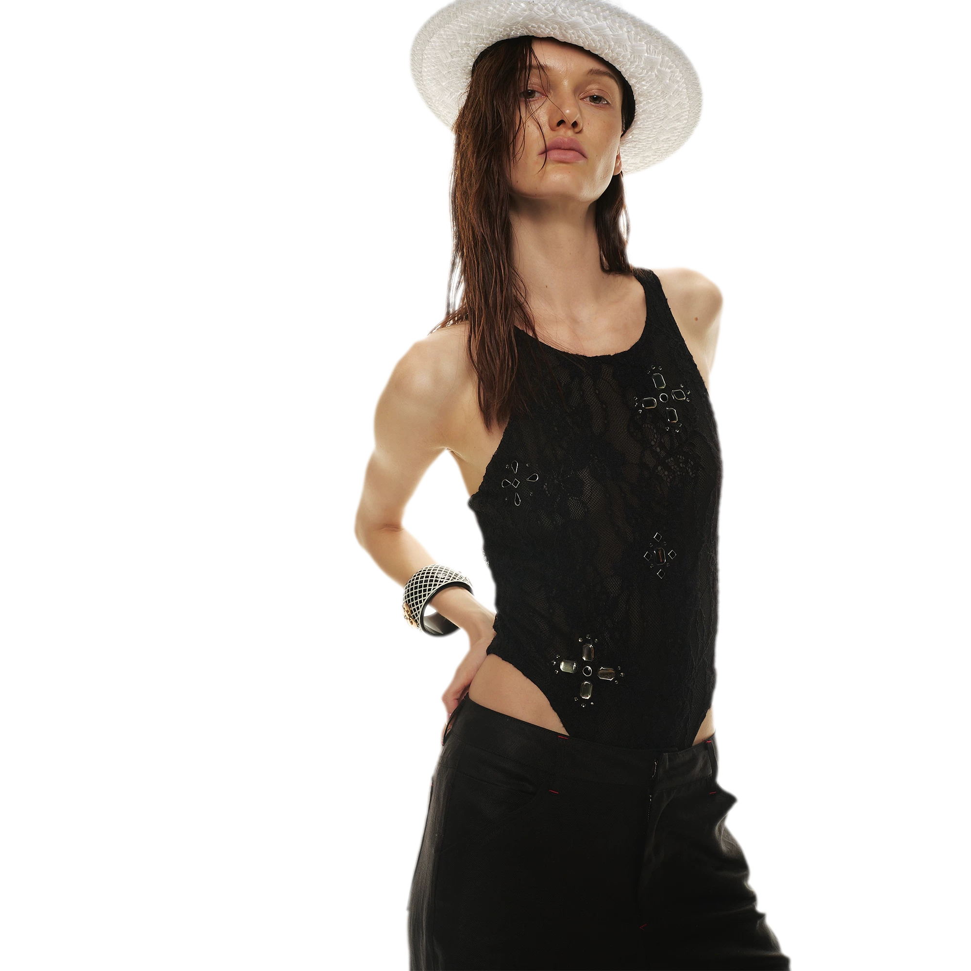 Stylish Gemstone Lace Halter Bodysuit Top