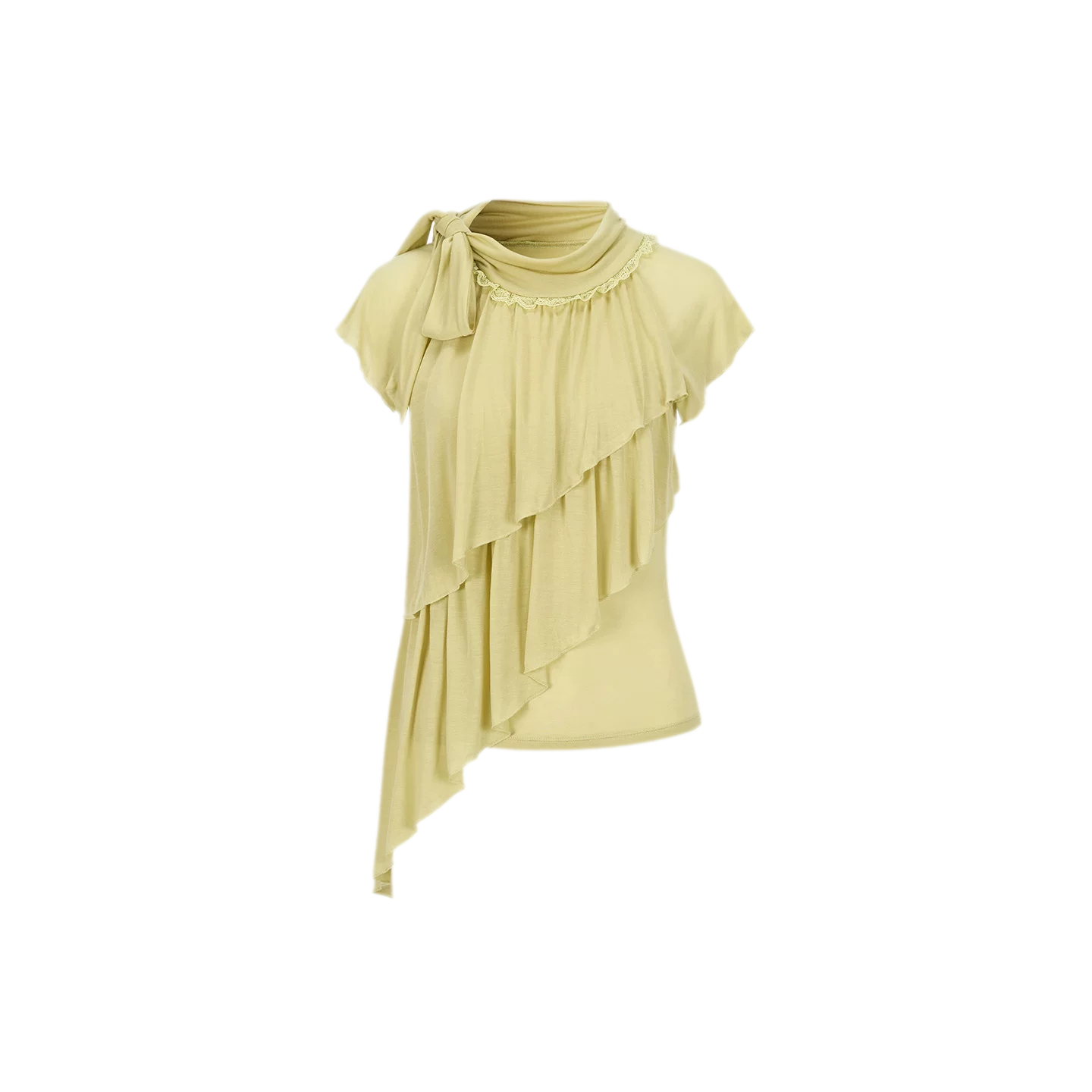 Ruffle Tie-Neck Tencel Short Sleeve Top