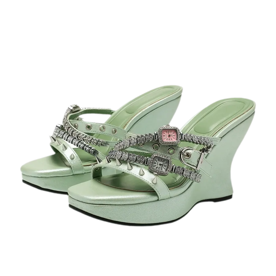 Rhinestone Strap Wedge Mules