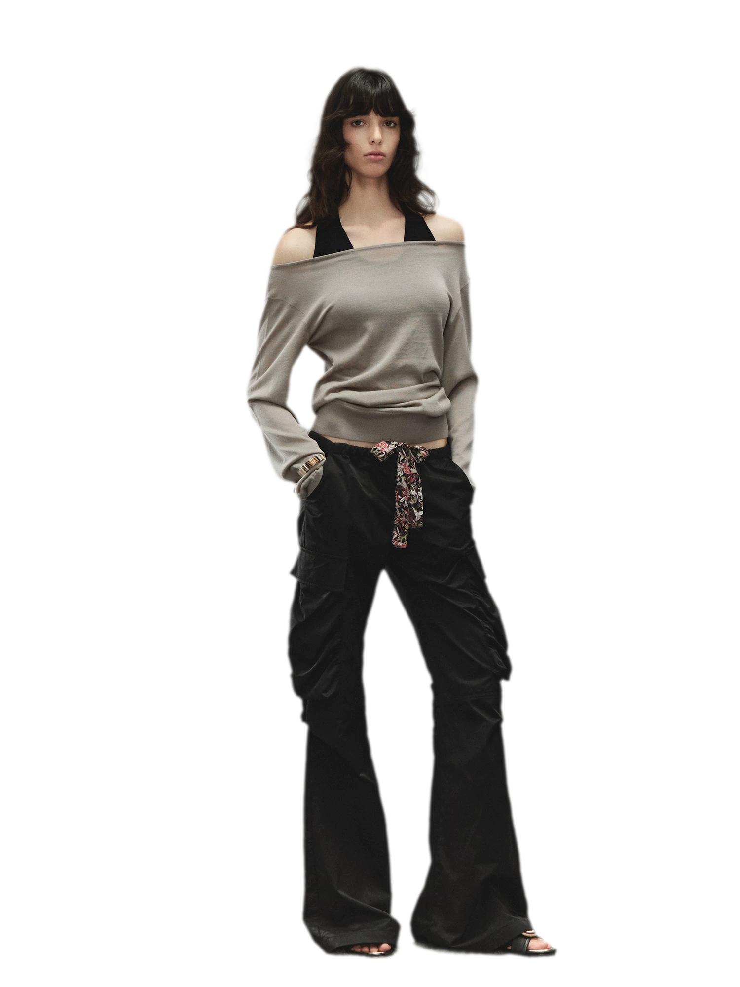 Printed Waistband Drawstring Multi-Pocket Low-Waist Cargo Pants