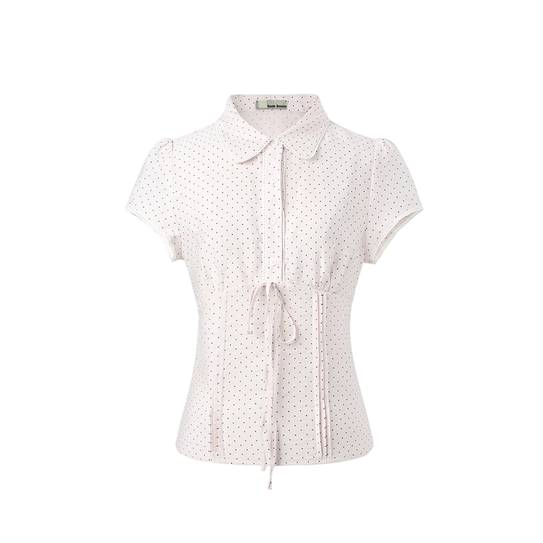 Korean Style Lyocell Waist-Tie Polka Dot Puff Sleeve