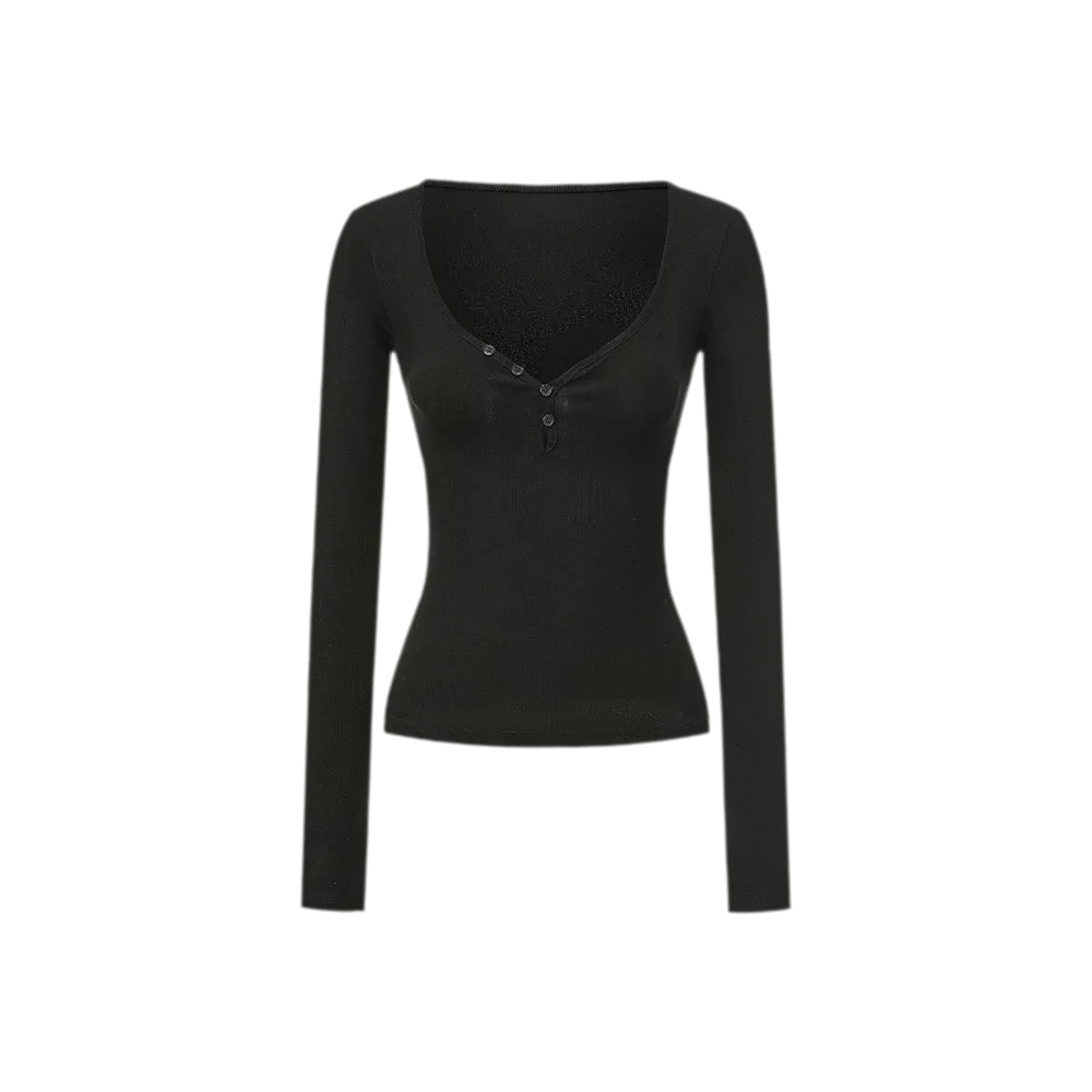 Ribbed V-Neck Button Top