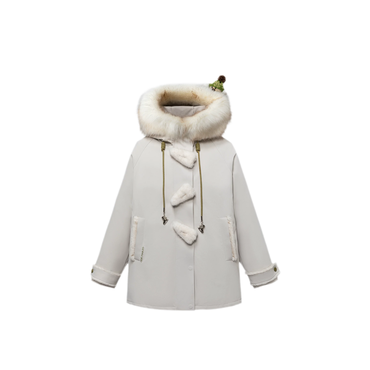 Doudoune mi-longue en duvet à boutons brandebourgs et effet peluche