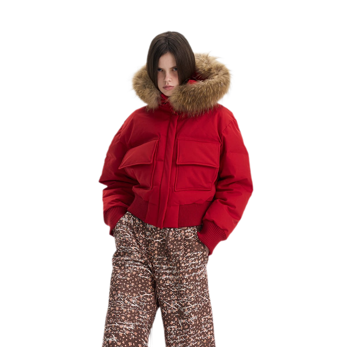 Printed Cropped Hooded Down Jacket