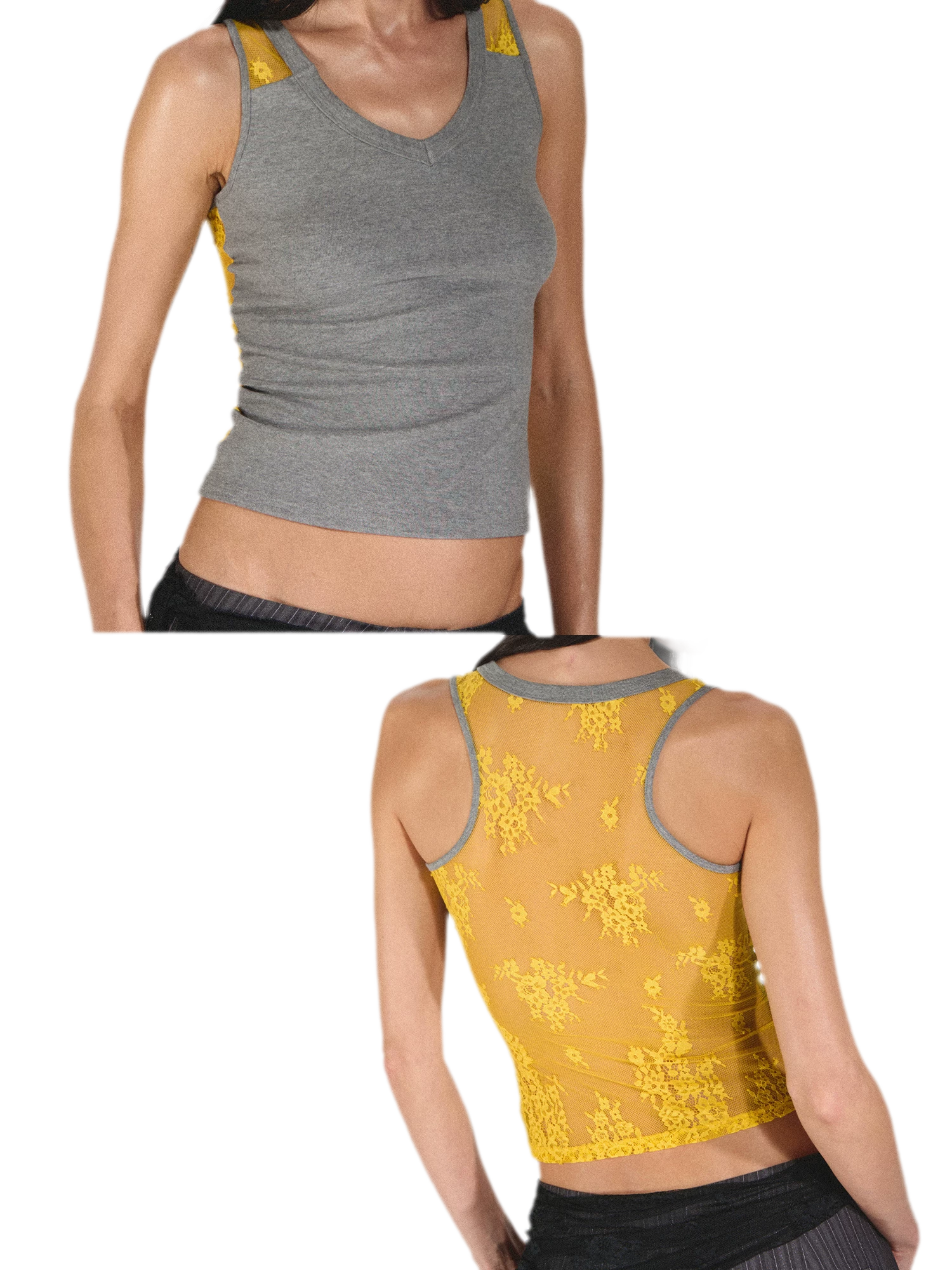 Lace Panel Slim Fit Striped Shoulder Vest Top