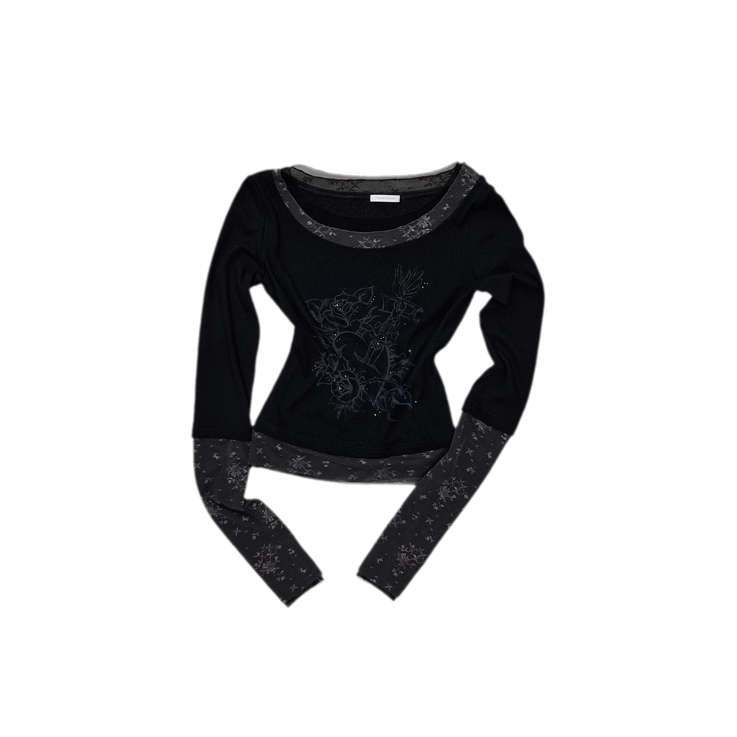 Vintage Lace Contrast Long-Sleeve Top