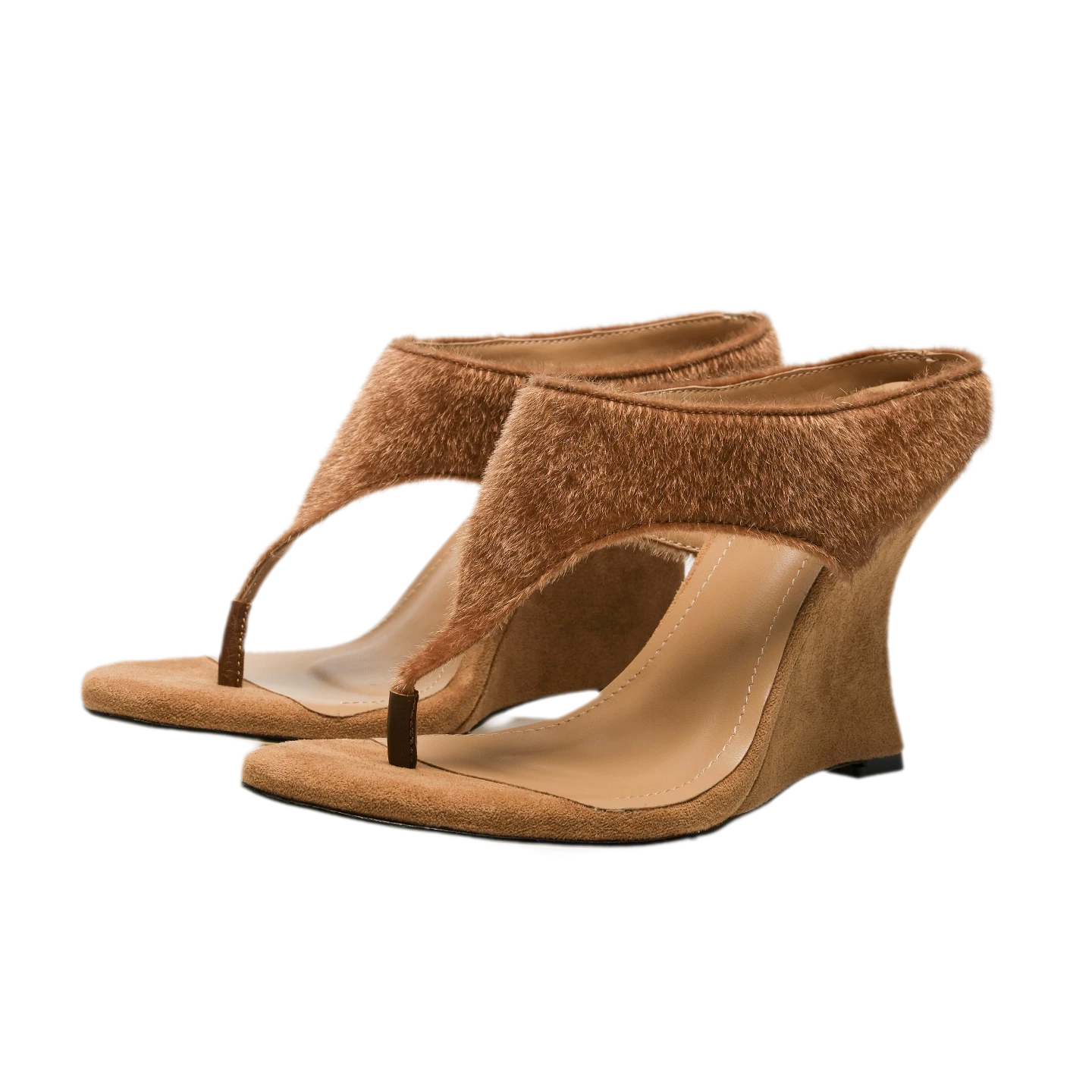 Faux Horsehair Wedge Thong Sandals
