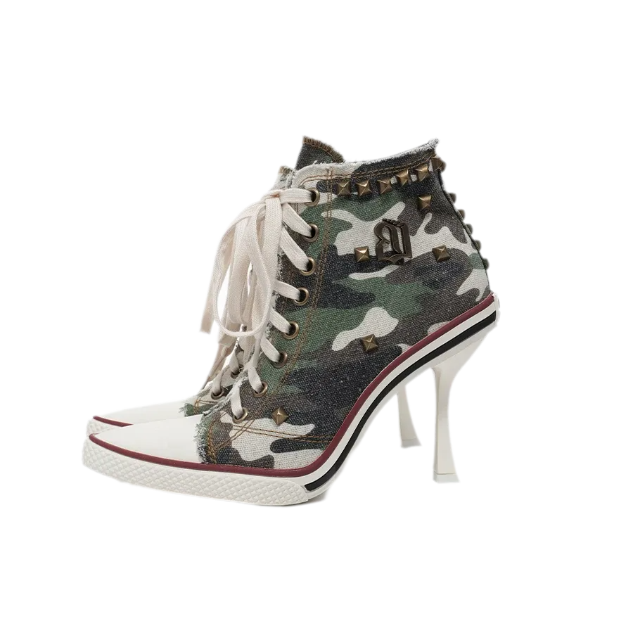 Canvas Studded Lace-Up Boots