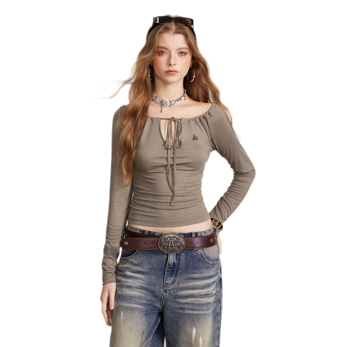 Drawstring Off-Shoulder Long-Sleeve Top