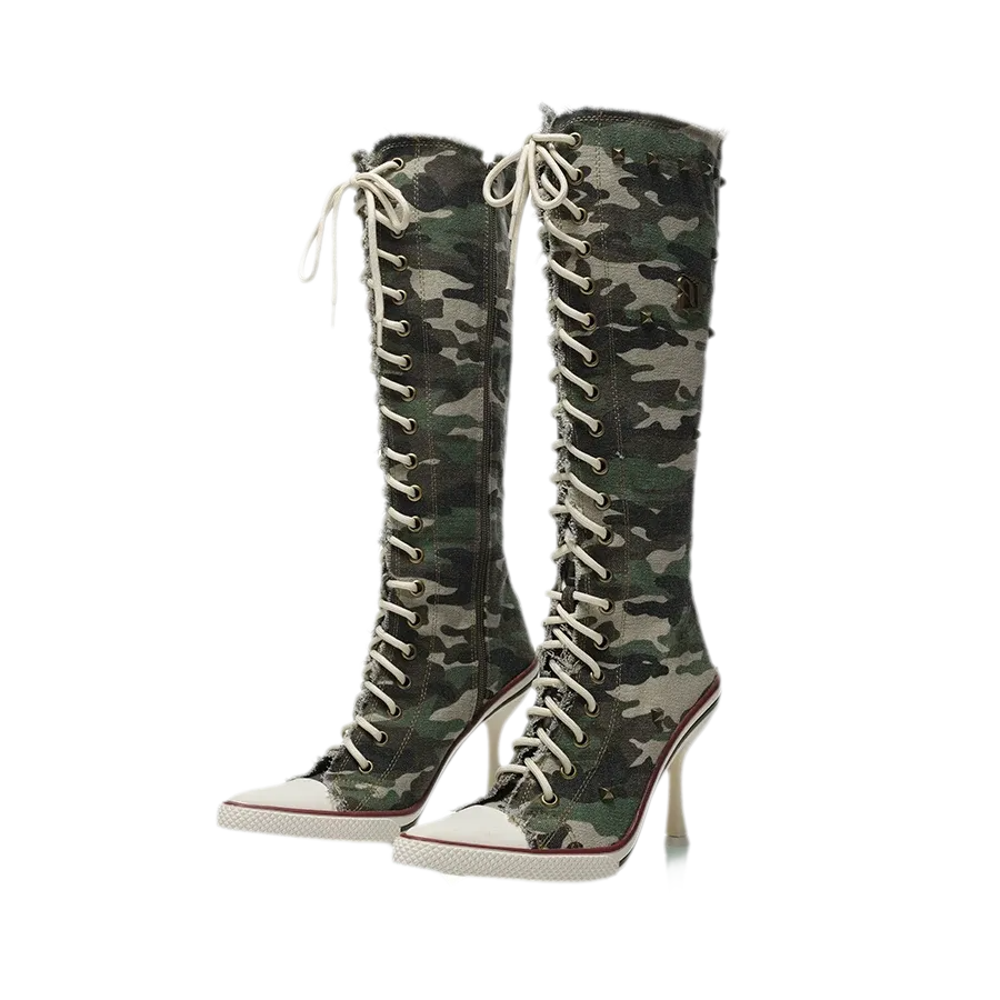 Studded Canvas Knee-High Boots