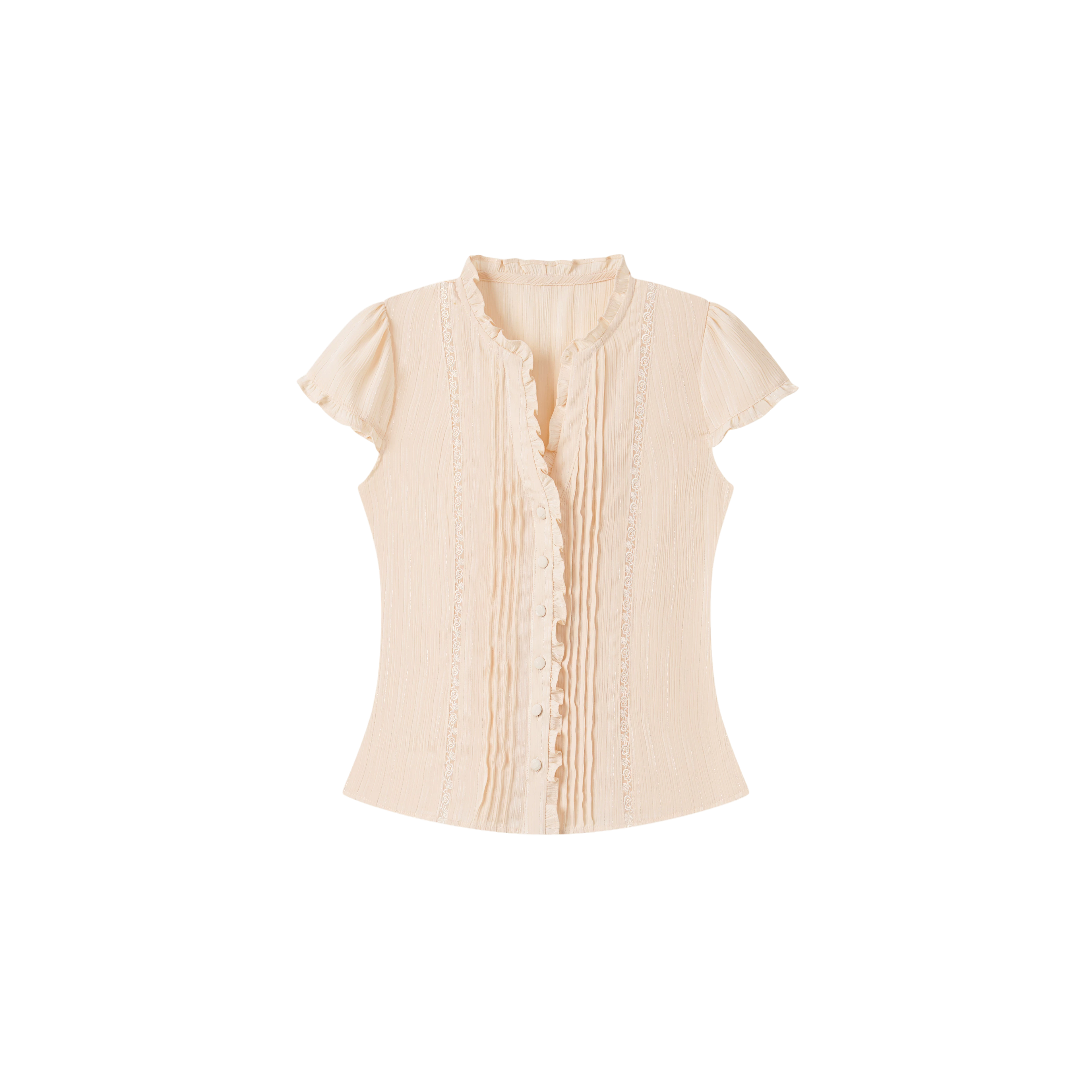 Ruffle Lace Waist-Trim Short Sleeve Shirt