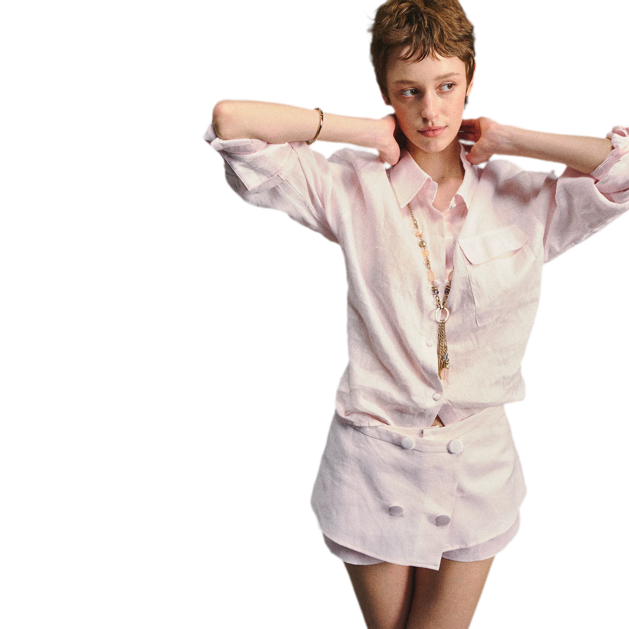 Linen Satin Waist-Cinched Shirt & Skirt Set