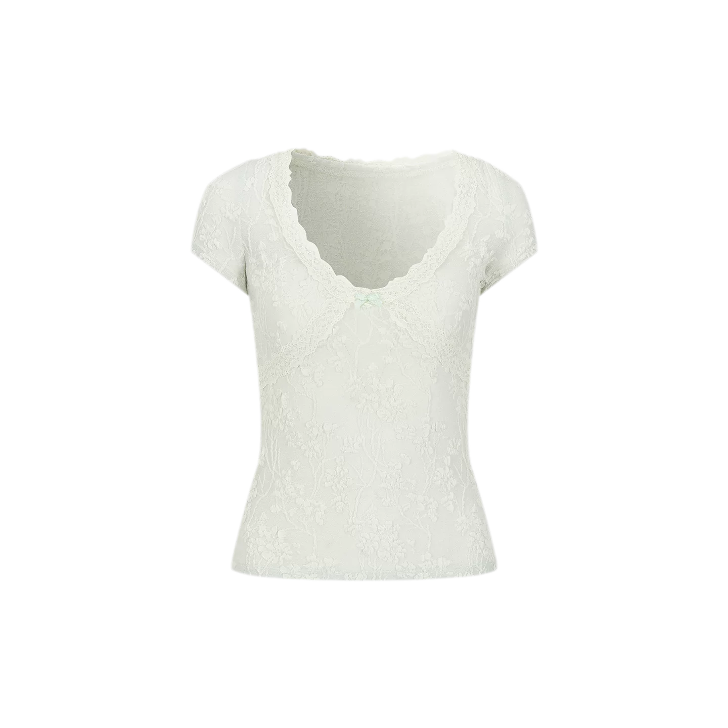 Lace-Trim Jacquard V-Neck Slim T-Shirt