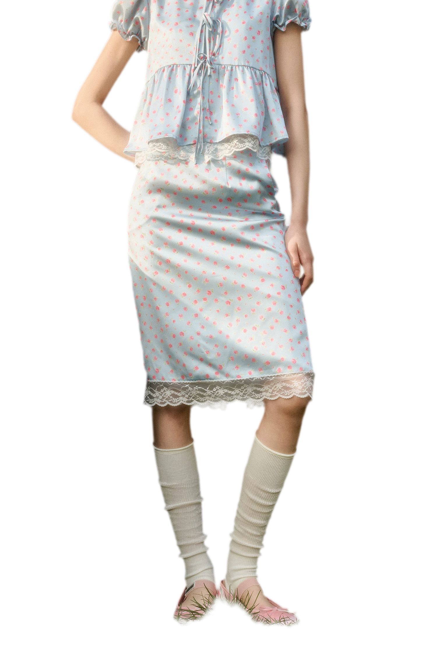 Soft Misty Blue Doll Collar Satin Floral Shirt